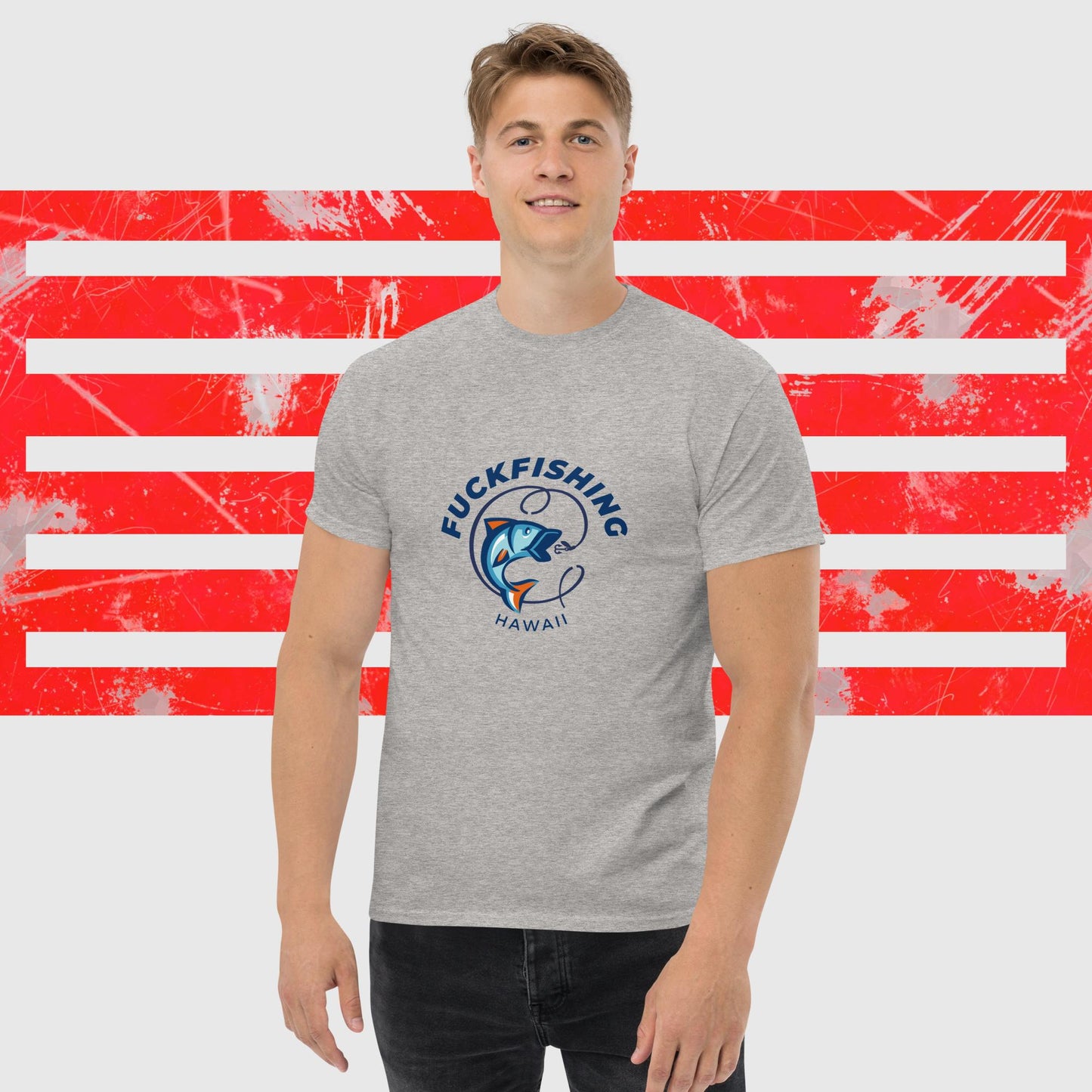 PREMIUM T-SHIRT AMERICAN FISHERMAN FUCKFISHING GREY BLUE FRONT  - https://firstamerican.shop/