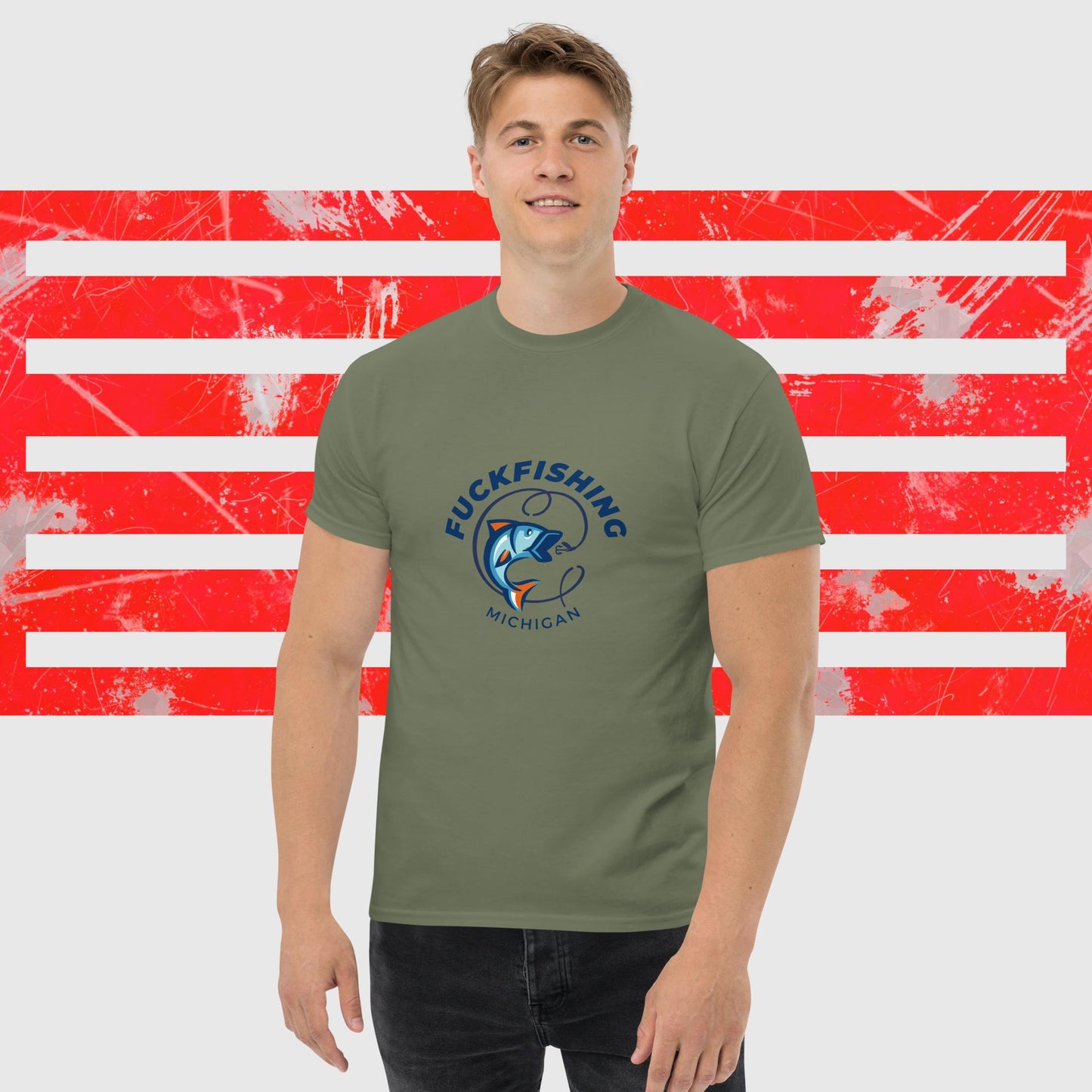 PREMIUM T-SHIRT AMERICAN FISHERMAN FUCKFISHING MICHIGAN MILITARY GREEN FRONT - https://firstamerican.shop/