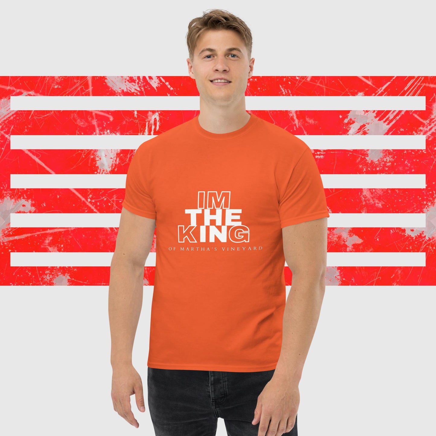 MENS AMERICAN FISHERMAN T-SHIRT THE KING OF MARTHA'S VINEYARDORANGE FRONT - https://firstamerican.shop/