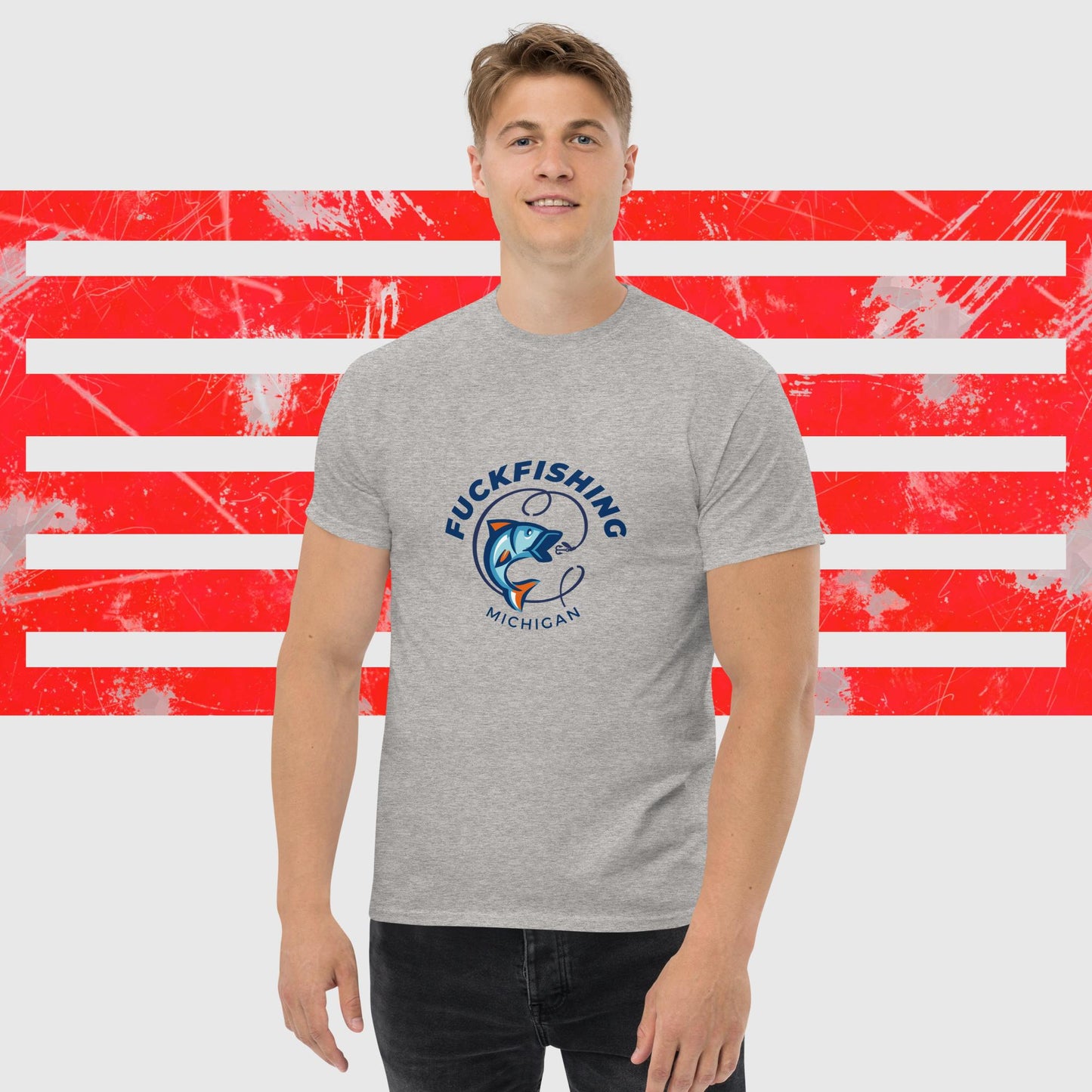 PREMIUM T-SHIRT AMERICAN FISHERMAN FUCKFISHING MICHIGAN GREY FRONT - https://firstamerican.shop/