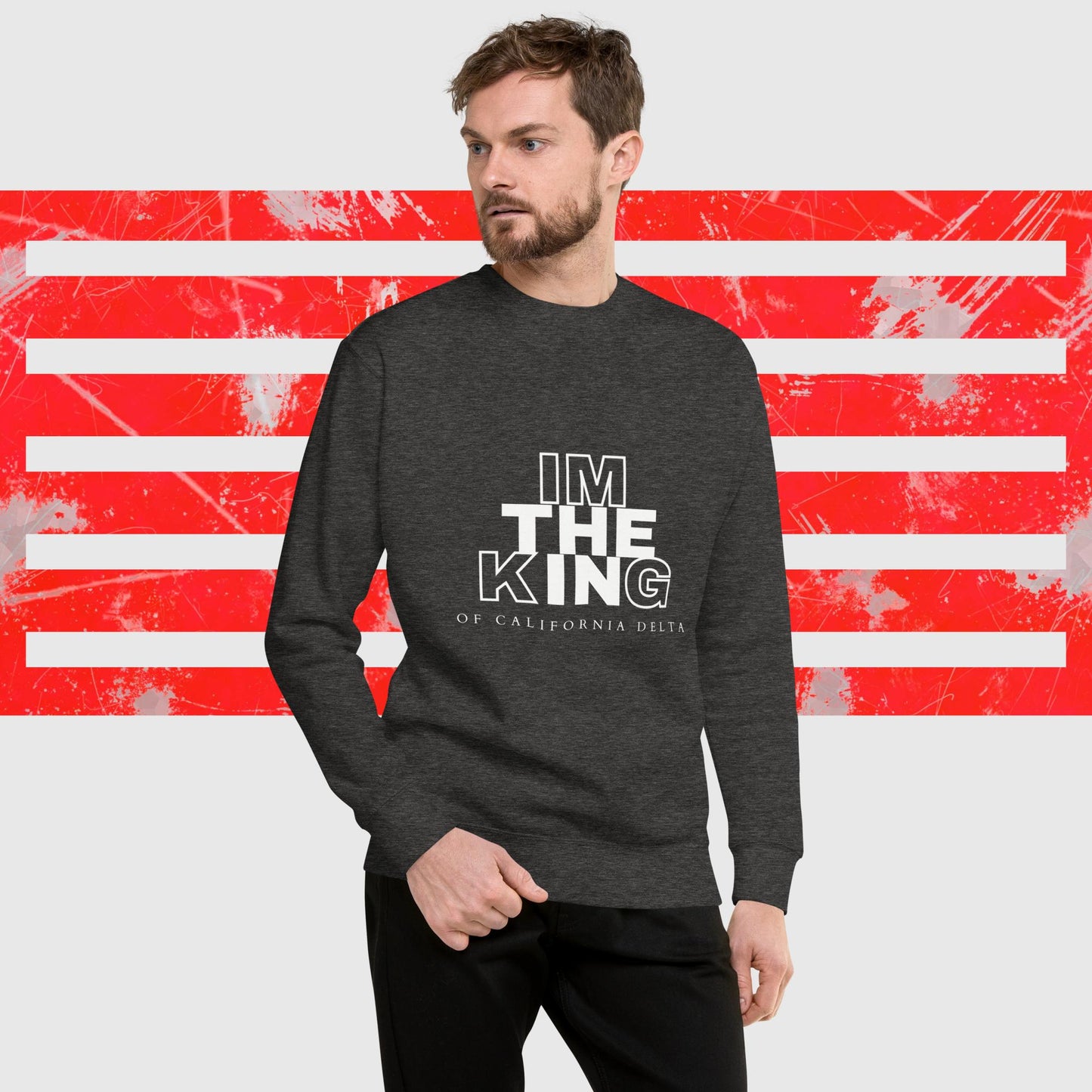 PREMIUM SWEATSHIRT AMERICAN FISHERMAN THE KING OF CALIFORNIA DELTA CHARCOAL FRONT - https://firstamerican.shop/