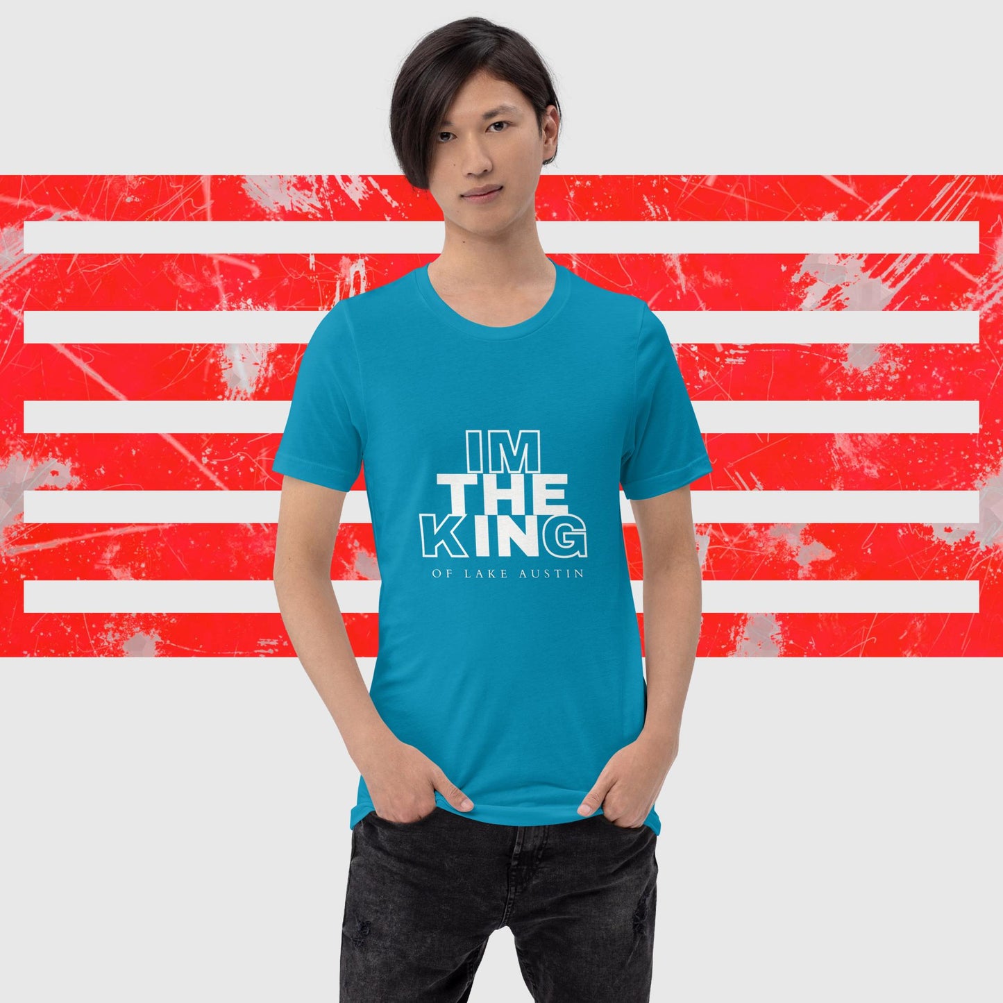 MENS AMERICAN FISHERMAN T-SHIRT THE KING OF LAKE AUSTIN AQUA FRONT - https://firstamerican.shop/