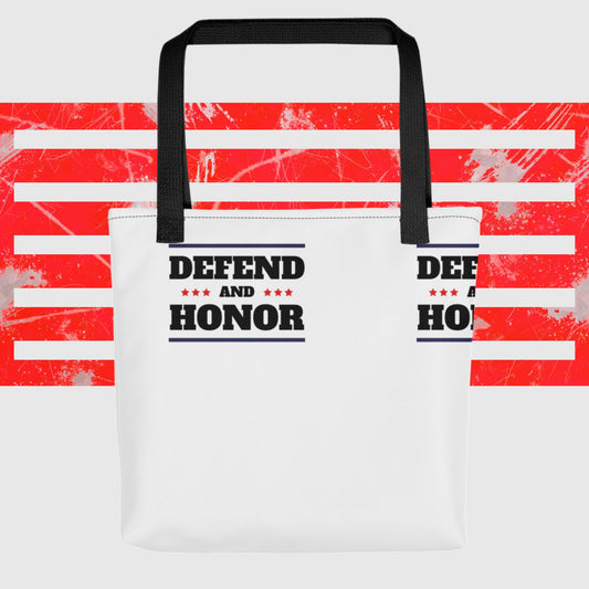 PATRIOTIC TOTE BAG DEFEND & HONOR FOR PROUD AMERICAN WHITE FRONT - www.firstamericanstore.com