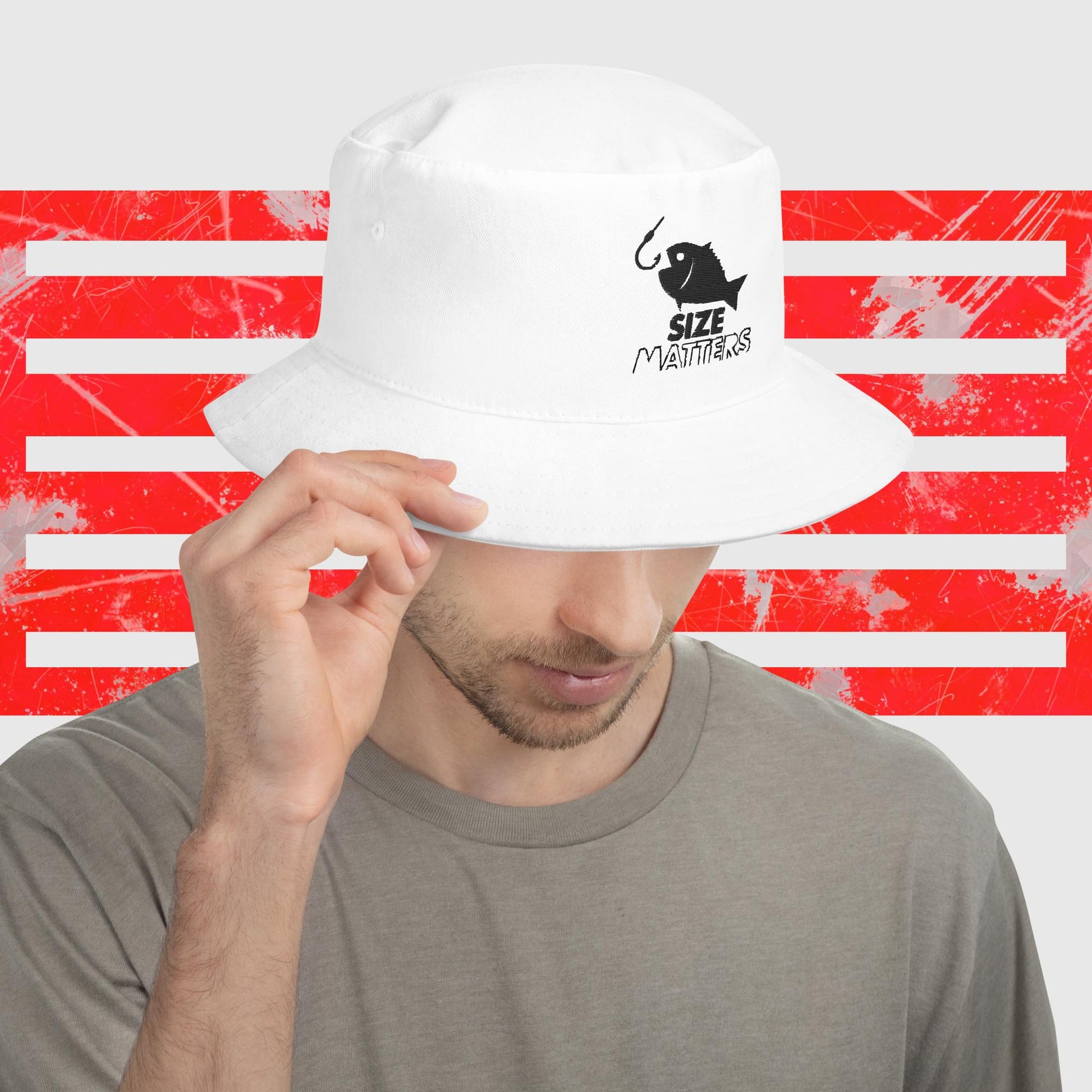 MENS FISHING BUCKET HAT SIZE MATTERS FISH HOOK WHITE FRONT - https://firstamerican.shop/