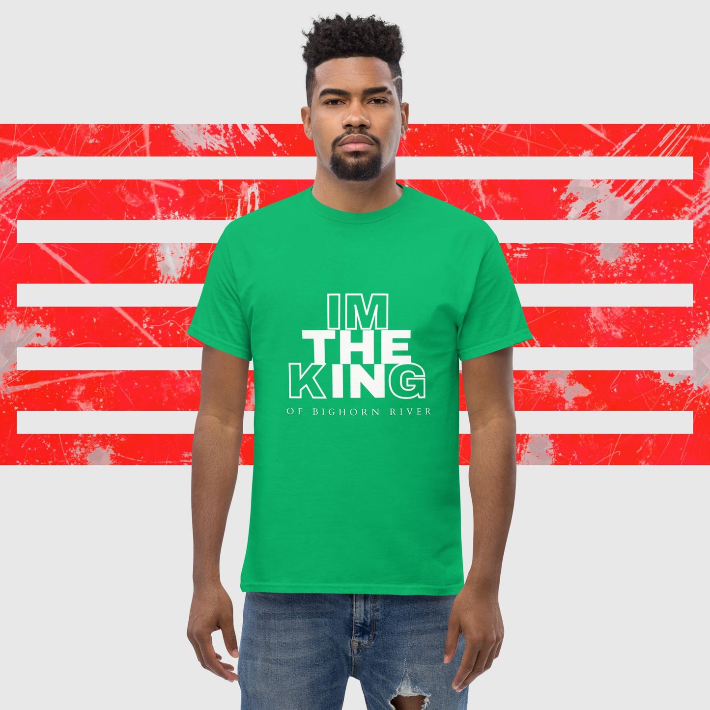 MENS AMERICAN FISHERMAN T-SHIRT THE KING OF BIGHORN RIVER IRISH GREEN FRONT - https://firstamerican.shop/