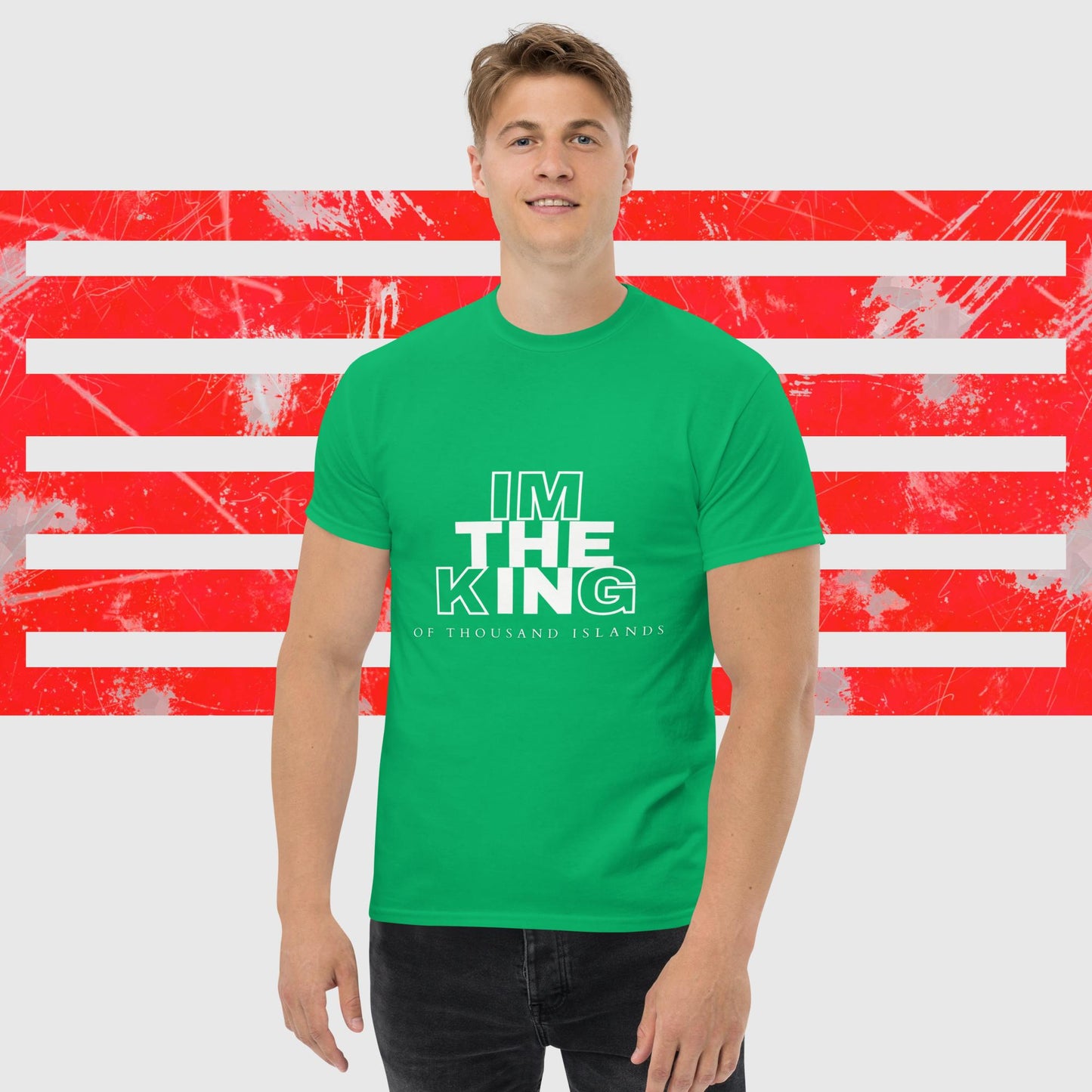 MENS AMERICAN FISHERMAN T-SHIRT THE KING OF THOUSAND ISLANDS IRISH GREEN FRONT - https://firstamerican.shop/