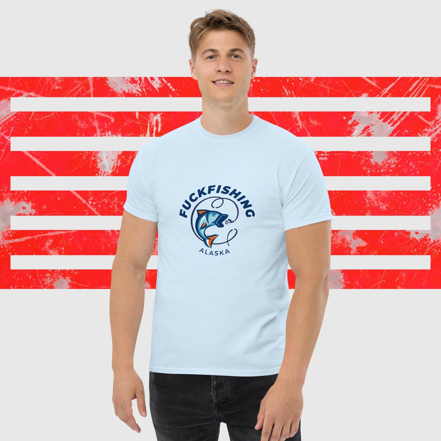 PREMIUM T-SHIRT AMERICAN FISHERMAN FUCKFISHING ALASKA LIGHT BLUE FRONT - https://firstamerican.shop/