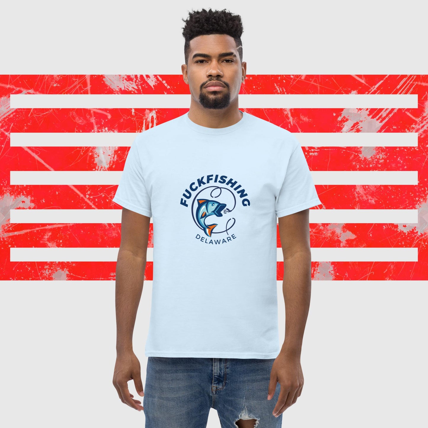 PREMIUM T-SHIRT AMERICAN FISHERMAN FUCKFISHING DELAWARE LIGHT BLUE FRONT - https://firstamerican.shop/