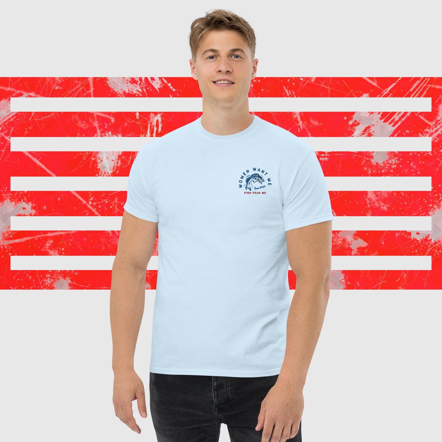 MENS T-SHIRT AMERICAN FISHERMAN WOMEN WANT ME FISH FEAR ME LIGHT BLUE FRONT - https://firstamerican.shop/