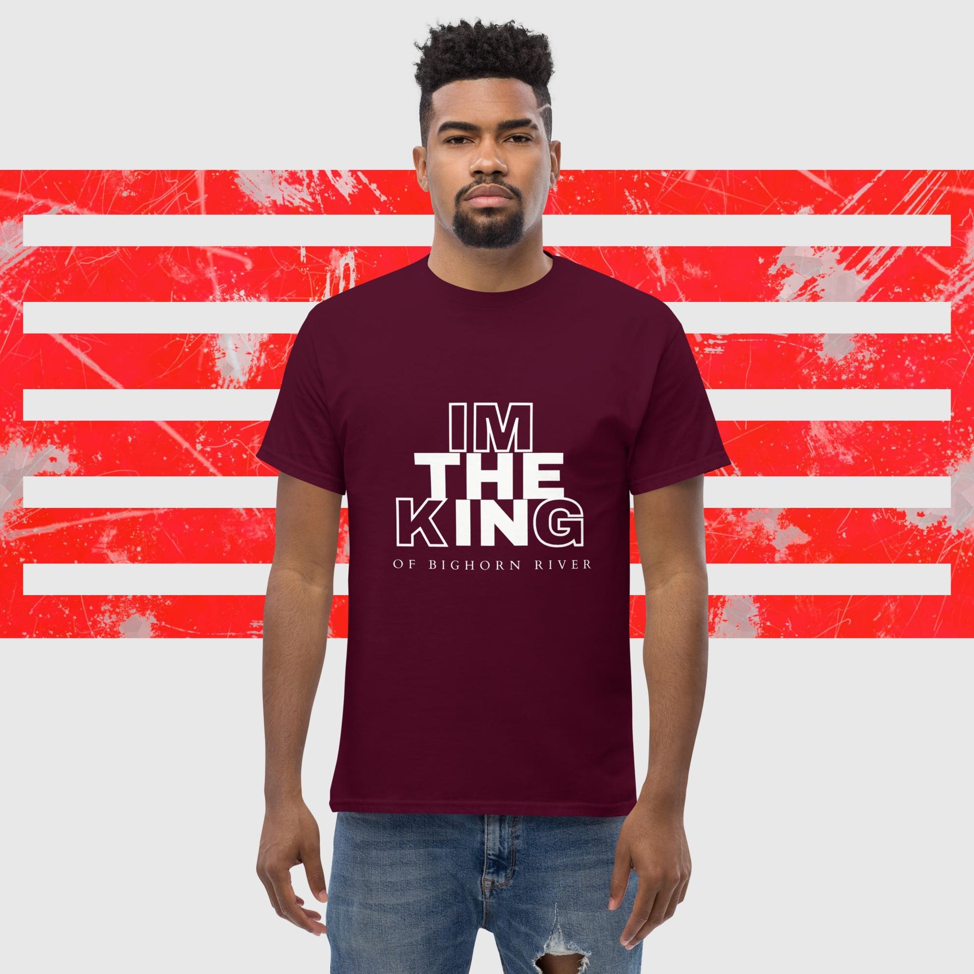 MENS AMERICAN FISHERMAN T-SHIRT THE KING OF BIGHORN RIVER MAROON FRONT - https://firstamerican.shop/