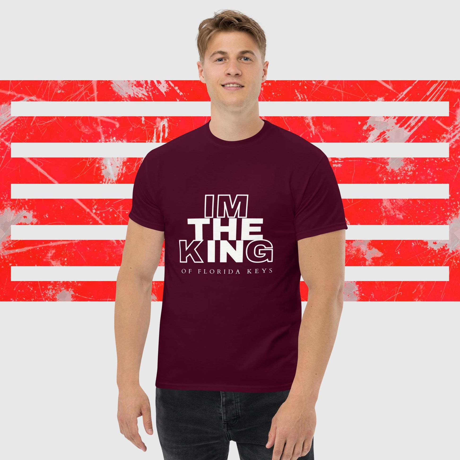 MENS AMERICAN FISHERMAN T-SHIRT THE KING OF FLORIDA KEYS MAROON FRONT - https://firstamerican.shop/