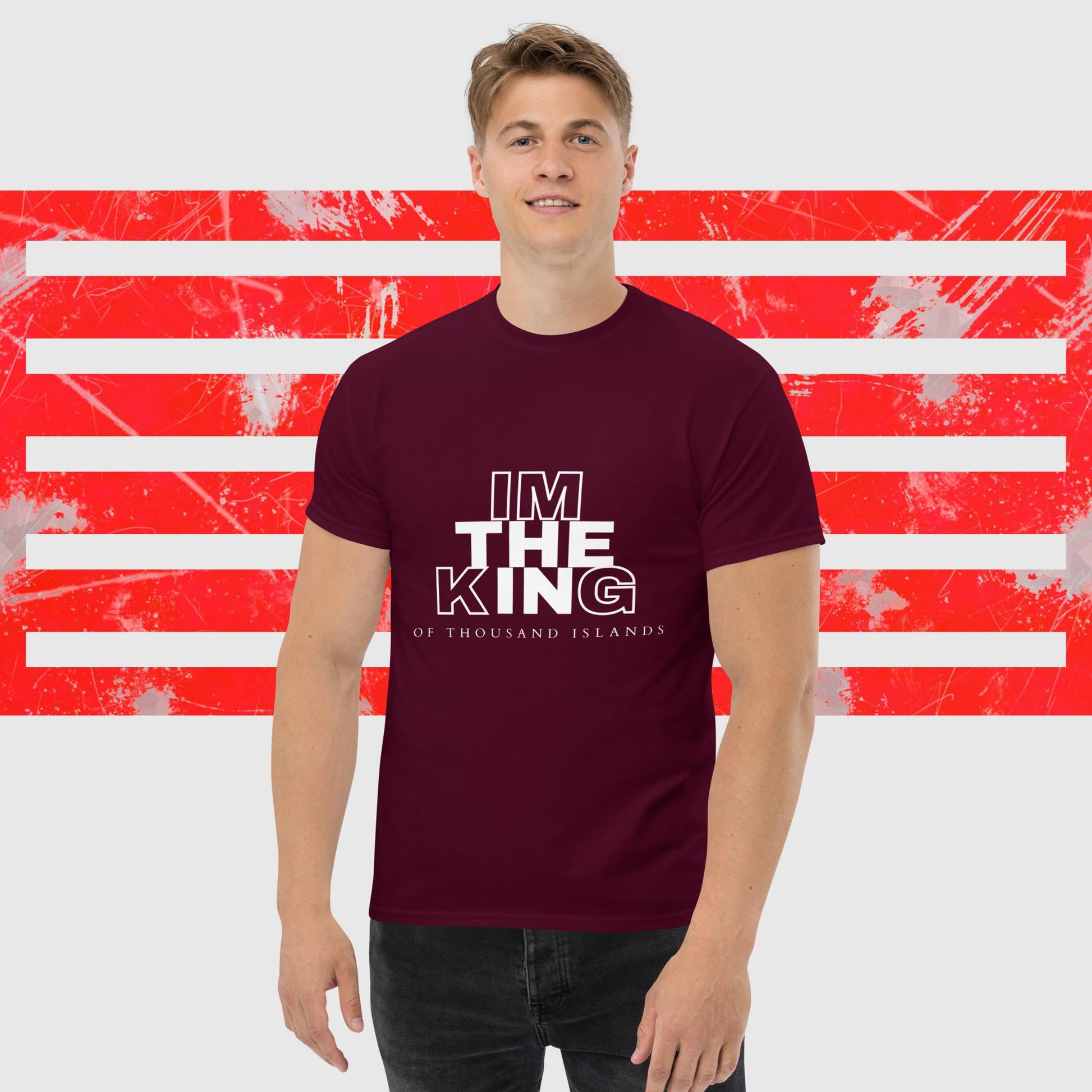 MENS AMERICAN FISHERMAN T-SHIRT THE KING OF THOUSAND ISLANDS MAROON FRONT - https://firstamerican.shop/