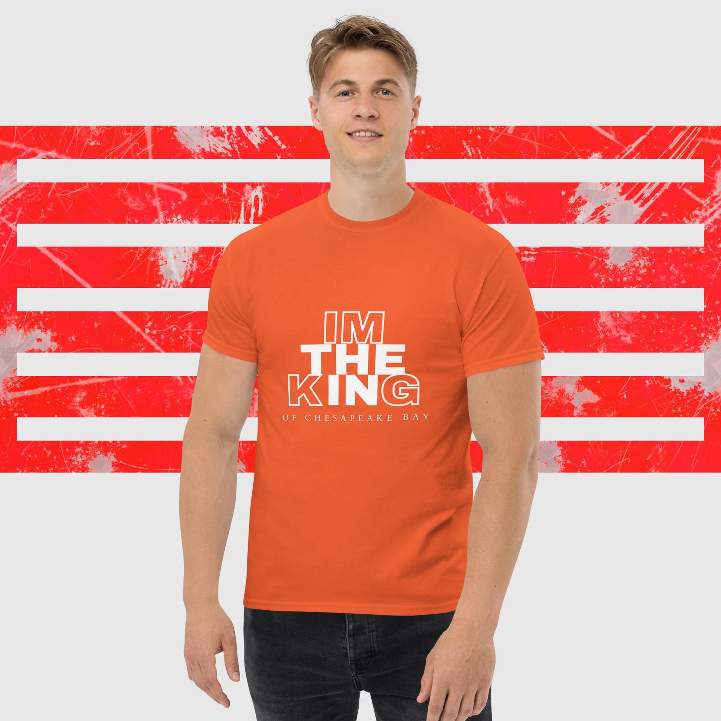 MENS AMERICAN FISHERMAN T-SHIRT THE KING OF CHESAPEAKE BAY ORANGE FRONT - https://firstamerican.shop/