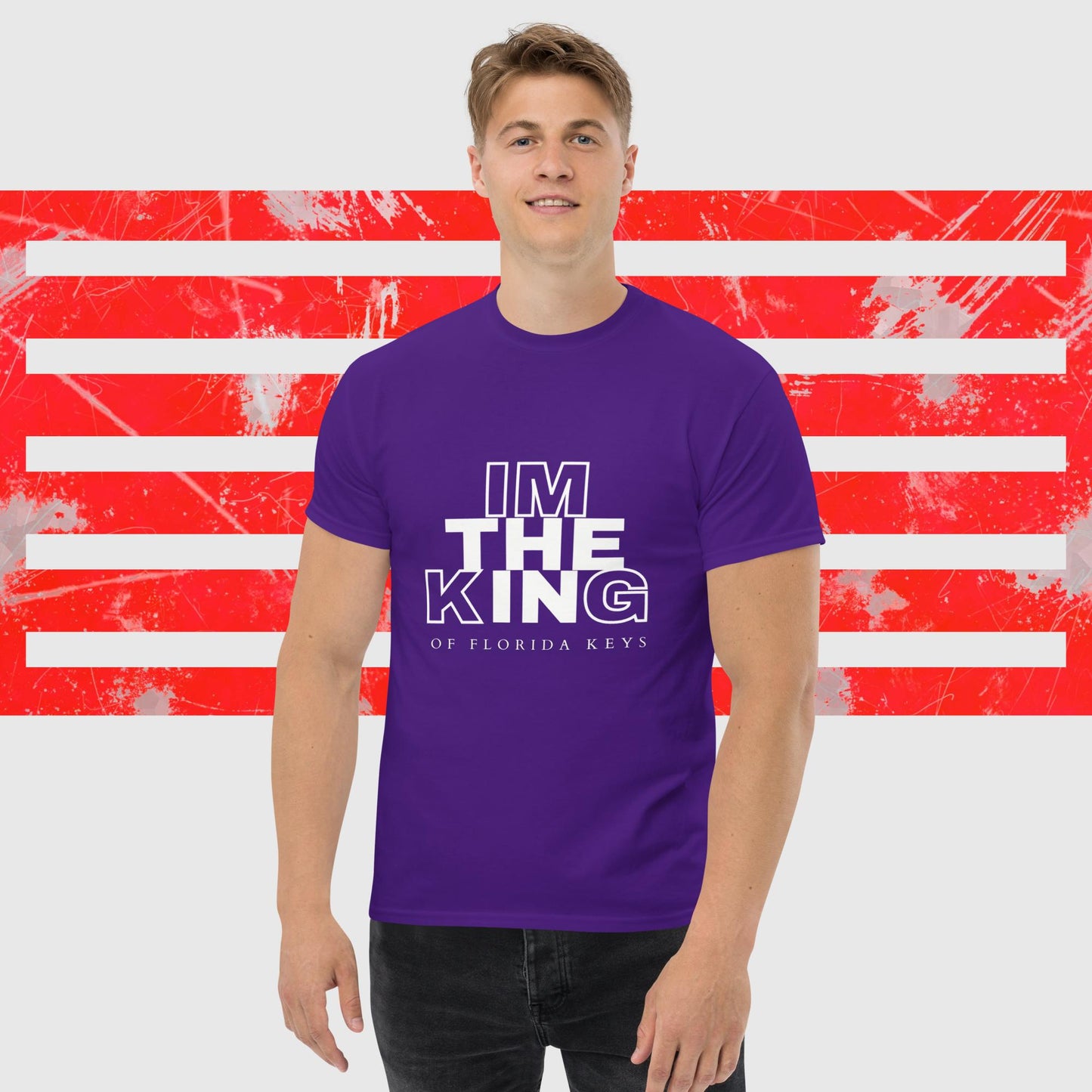 MENS AMERICAN FISHERMAN T-SHIRT THE KING OF FLORIDA KEYS PURPLE FRONT - https://firstamerican.shop/