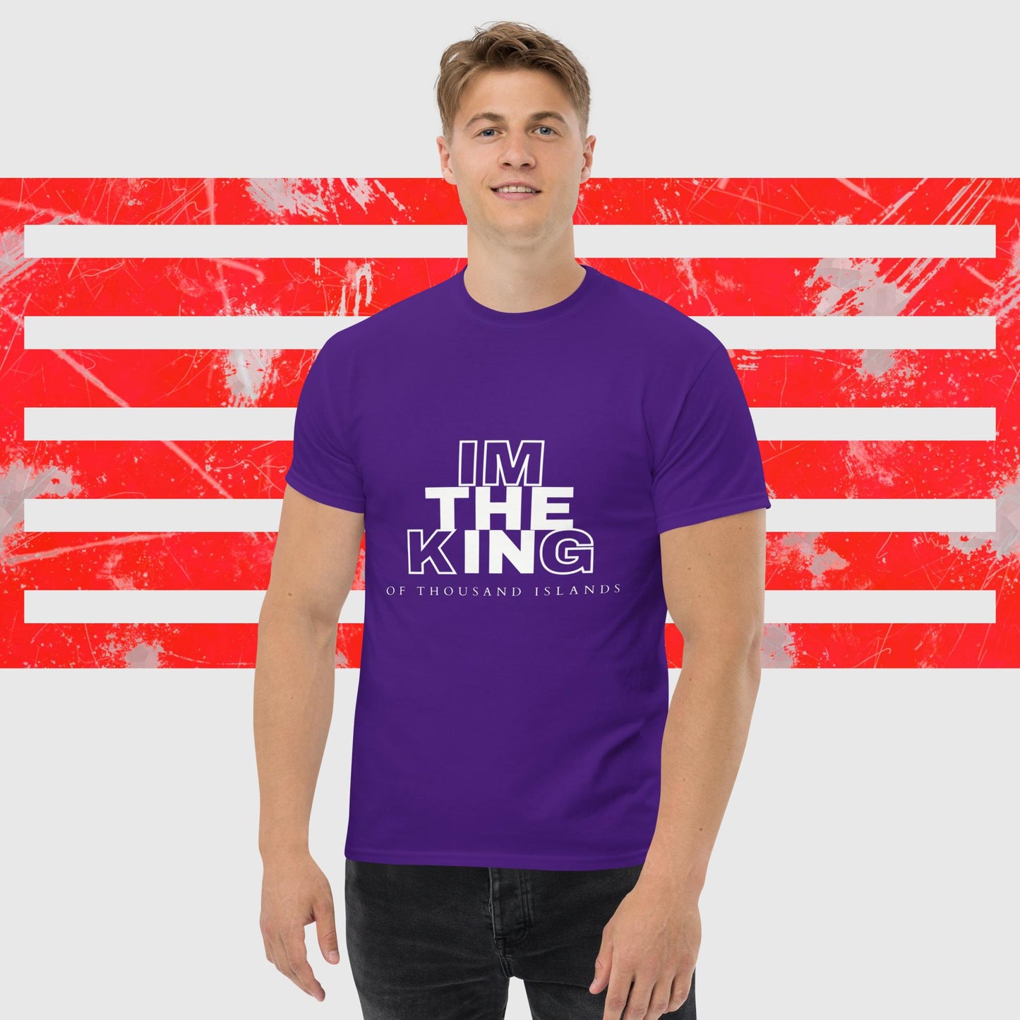 MENS AMERICAN FISHERMAN T-SHIRT THE KING OF THOUSAND ISLANDS PURPLE FRONT - https://firstamerican.shop/