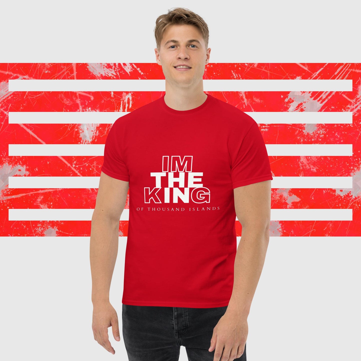 MENS AMERICAN FISHERMAN T-SHIRT THE KING OF THOUSAND ISLANDS RED FRONT - https://firstamerican.shop/