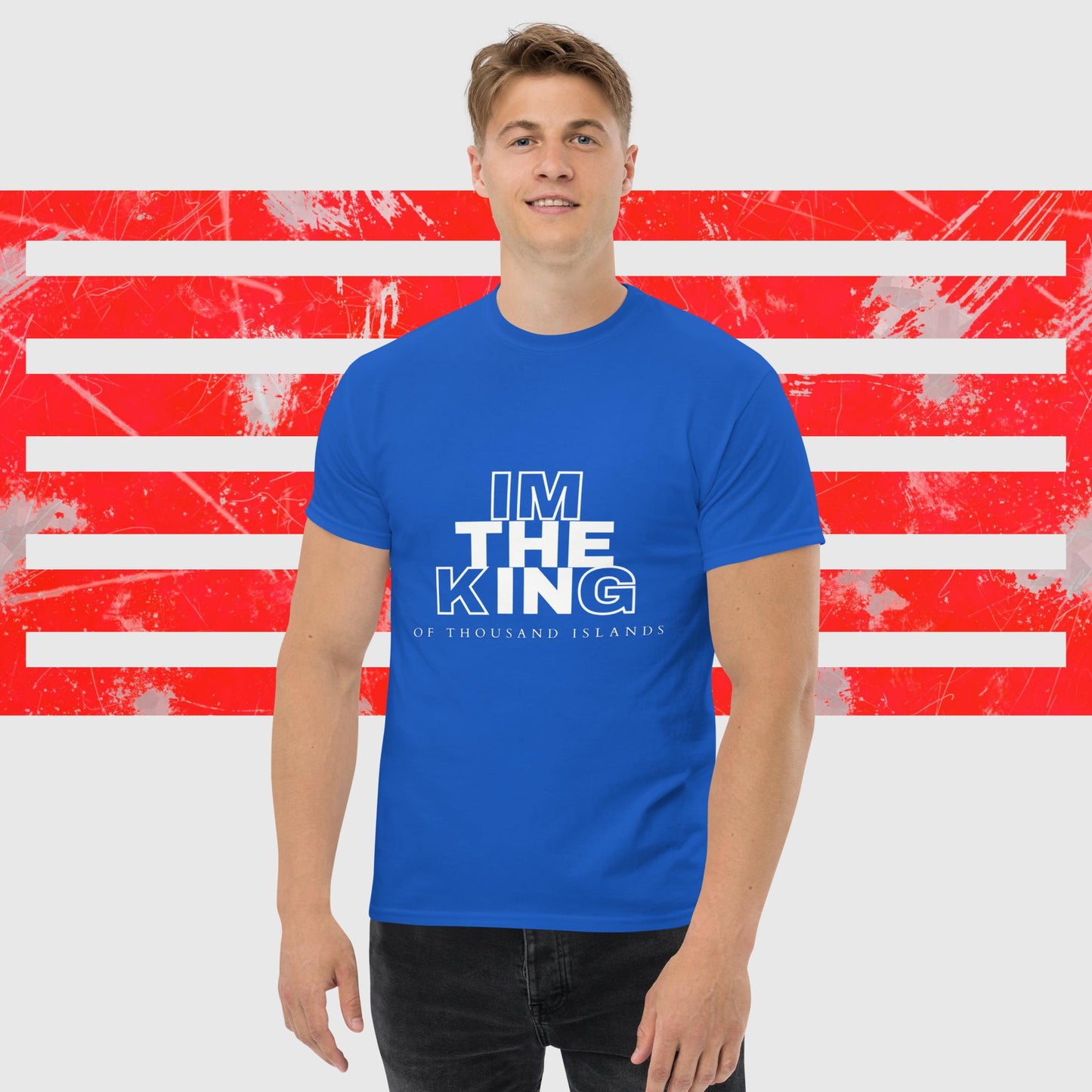 MENS AMERICAN FISHERMAN T-SHIRT THE KING OF THOUSAND ISLANDS BLUE FRONT - https://firstamerican.shop/