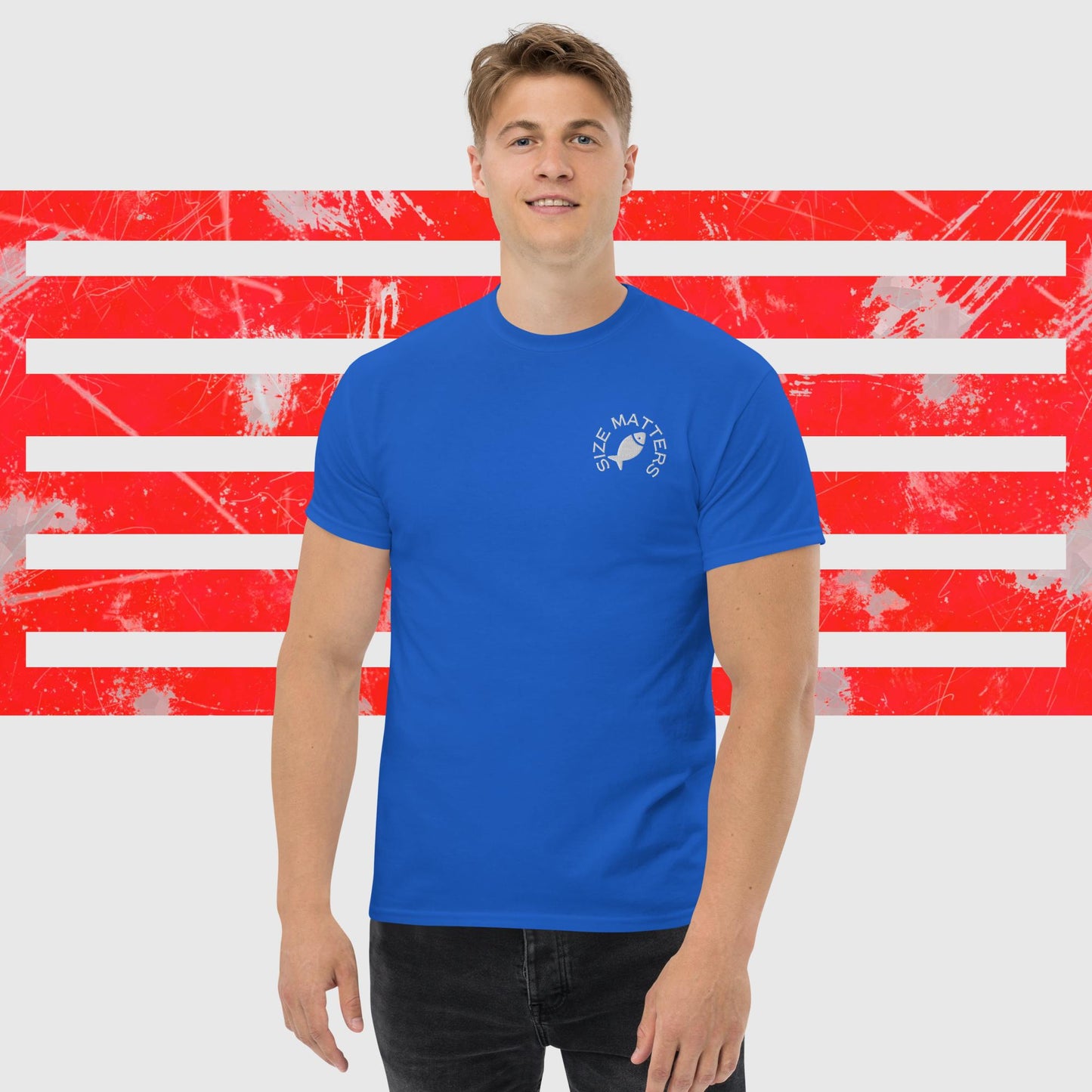 MENS T-SHIRT AMERICAN FISHERMAN SIZE MATTERS ROYAL FRONT - https://firstamerican.shop/