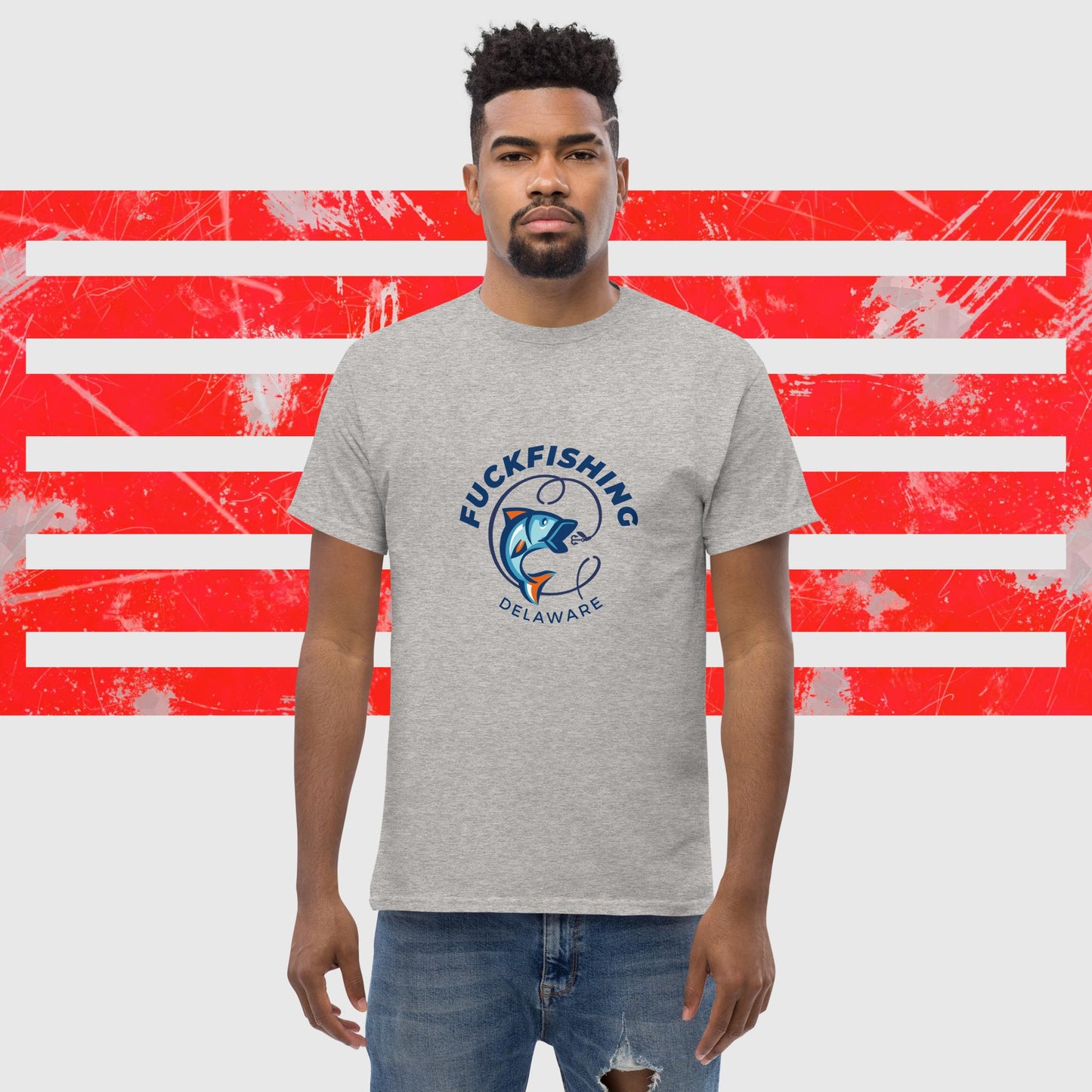 PREMIUM T-SHIRT AMERICAN FISHERMAN FUCKFISHING DELAWARE GREY FRONT - https://firstamerican.shop/