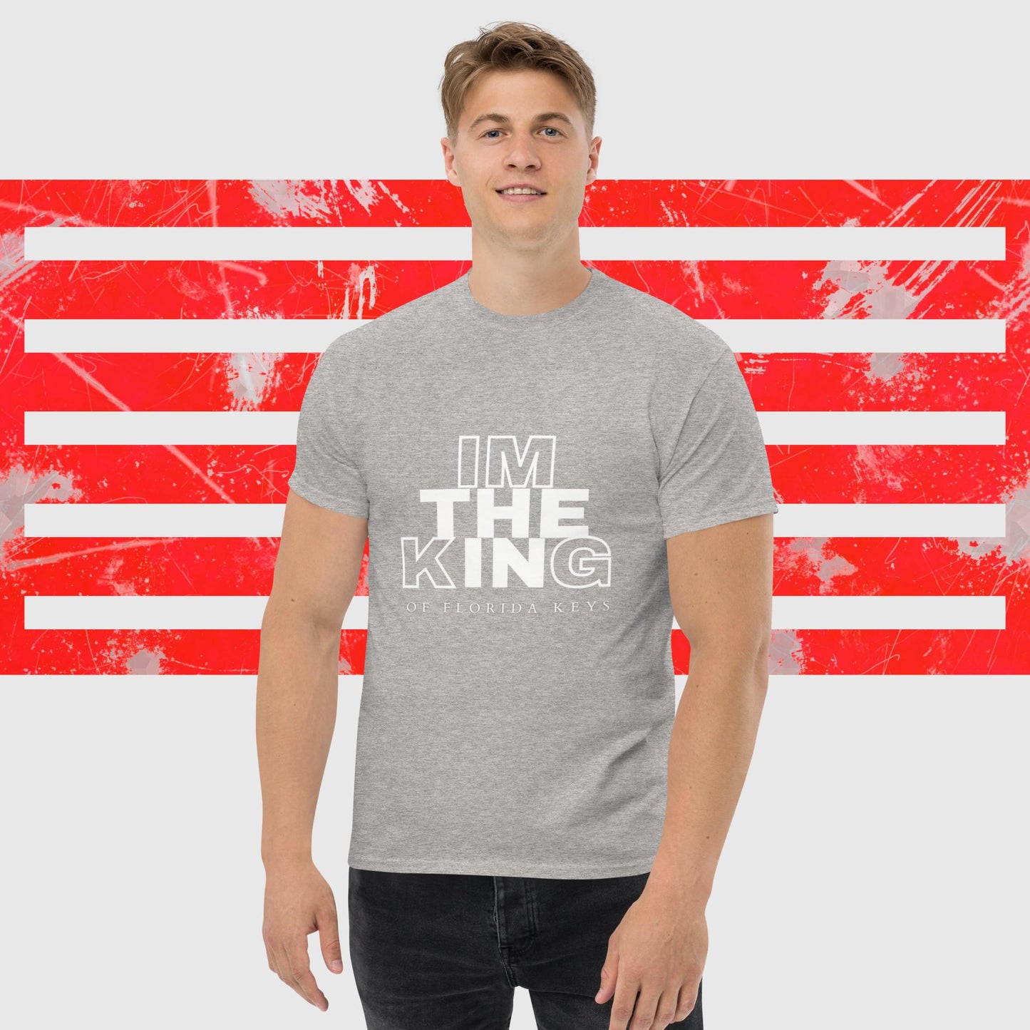 MENS AMERICAN FISHERMAN T-SHIRT THE KING OF FLORIDA KEYS GREY FRONT - https://firstamerican.shop/