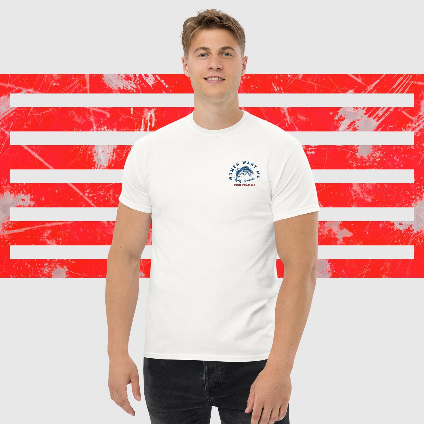 MENS T-SHIRT AMERICAN FISHERMAN WOMEN WANT ME FISH FEAR ME WHITE FRONT - https://firstamerican.shop/