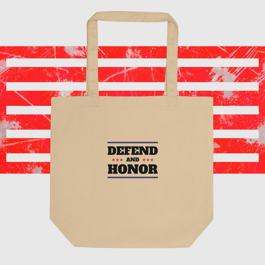 PATRIOTIC ECO TOTE BAG DEFEND & HONOR FOR PROUD AMERICAN OYSTER FRONT - www.firstamericanstore.com