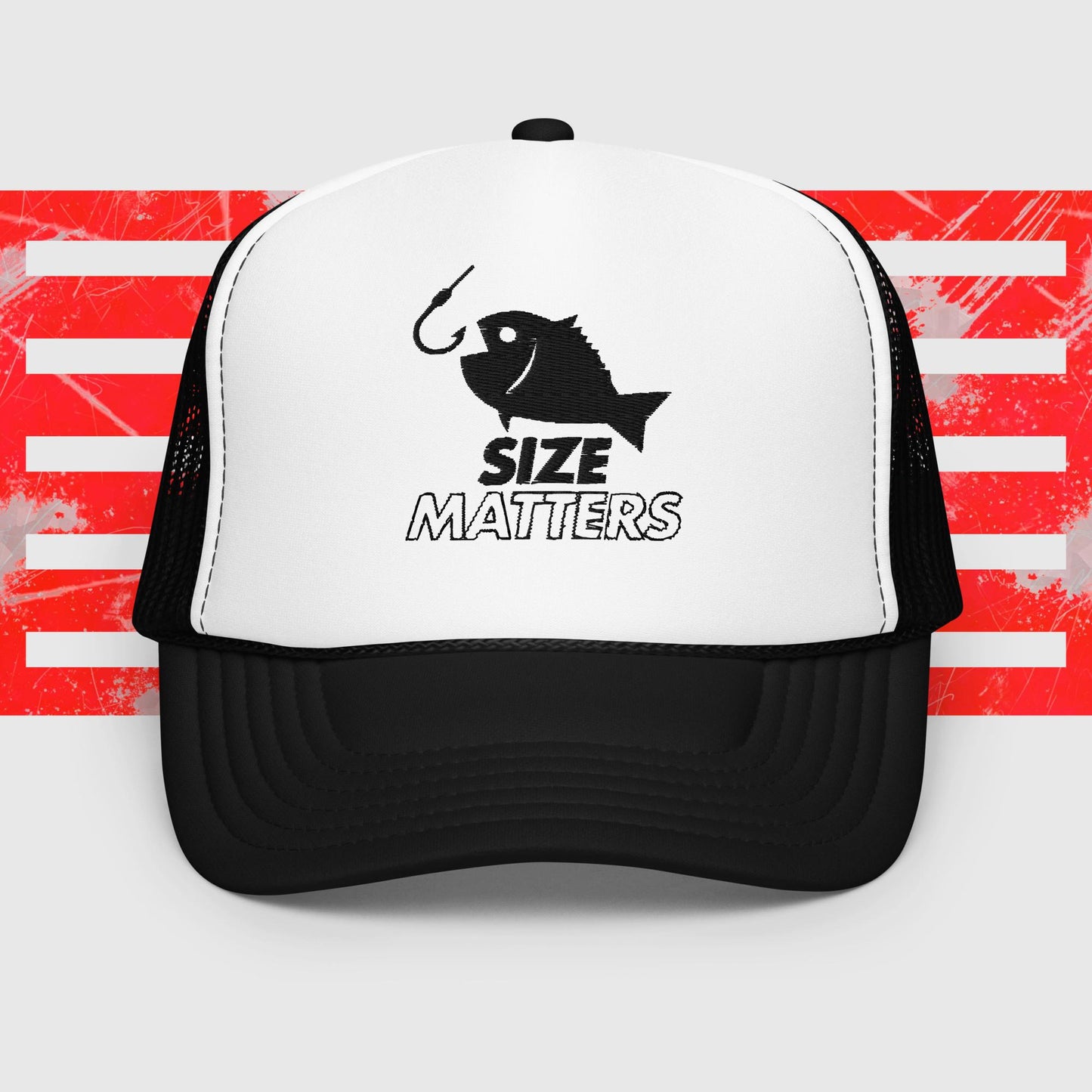 MENS FISHING TRUCKER HAT SIZE MATTERS FISH HOOK WHITE BLACK FRONT - https://firstamerican.shop/