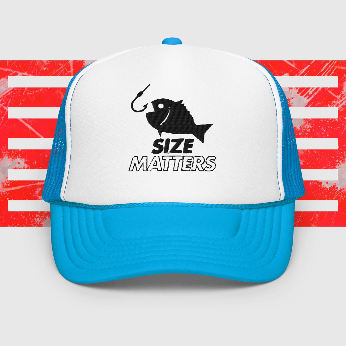 MENS FISHING TRUCKER HAT SIZE MATTERS FISH HOOK BLUE WHITE FRONT - https://firstamerican.shop/