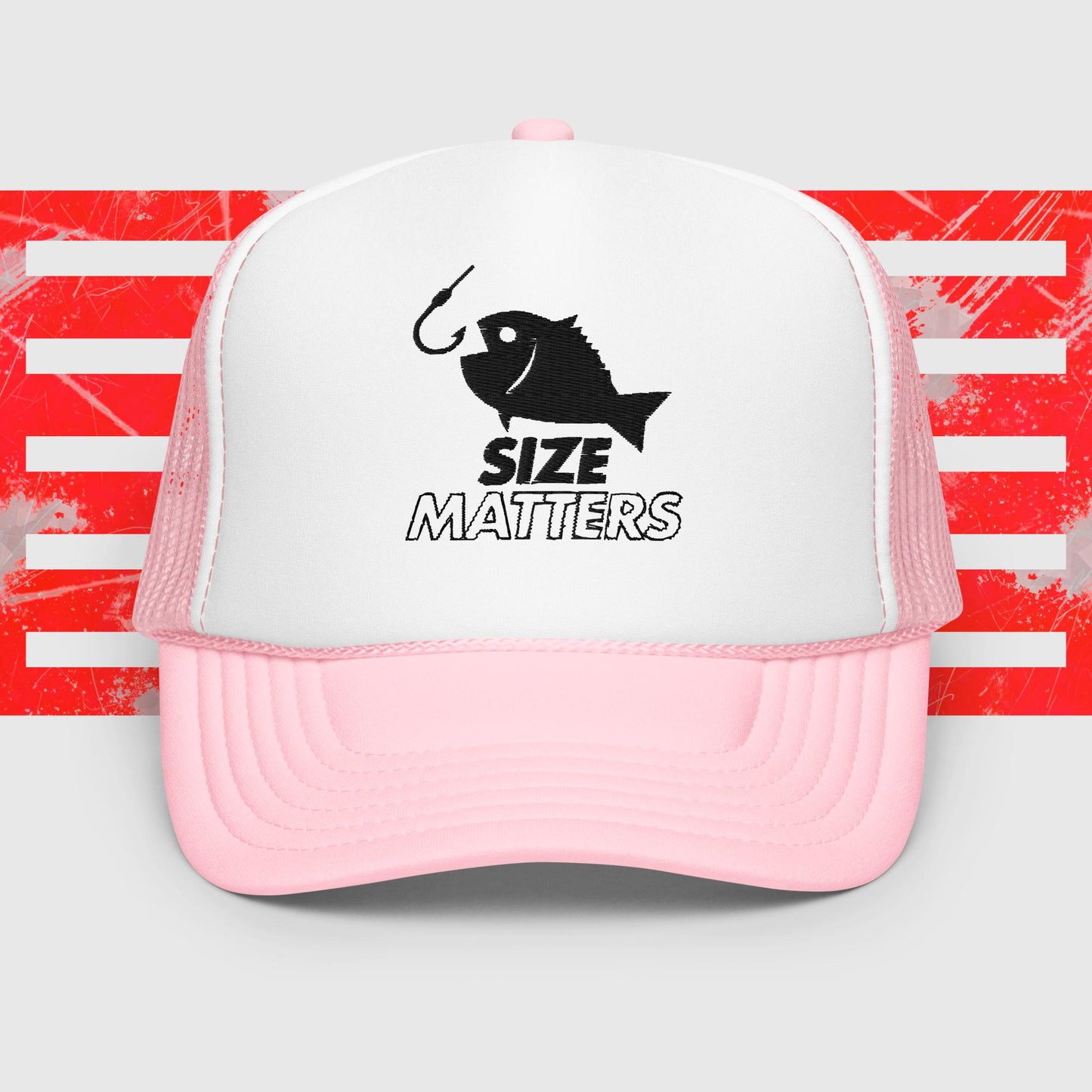 MENS FISHING TRUCKER HAT SIZE MATTERS FISH HOOK PINK WHITE FRONT - https://firstamerican.shop/