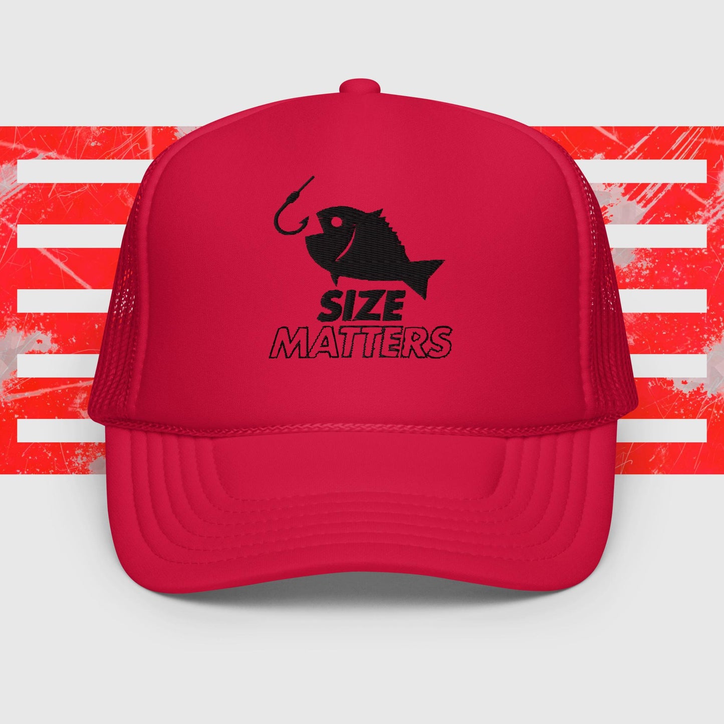 MENS FISHING TRUCKER HAT SIZE MATTERS FISH HOOK RED FRONT - https://firstamerican.shop/