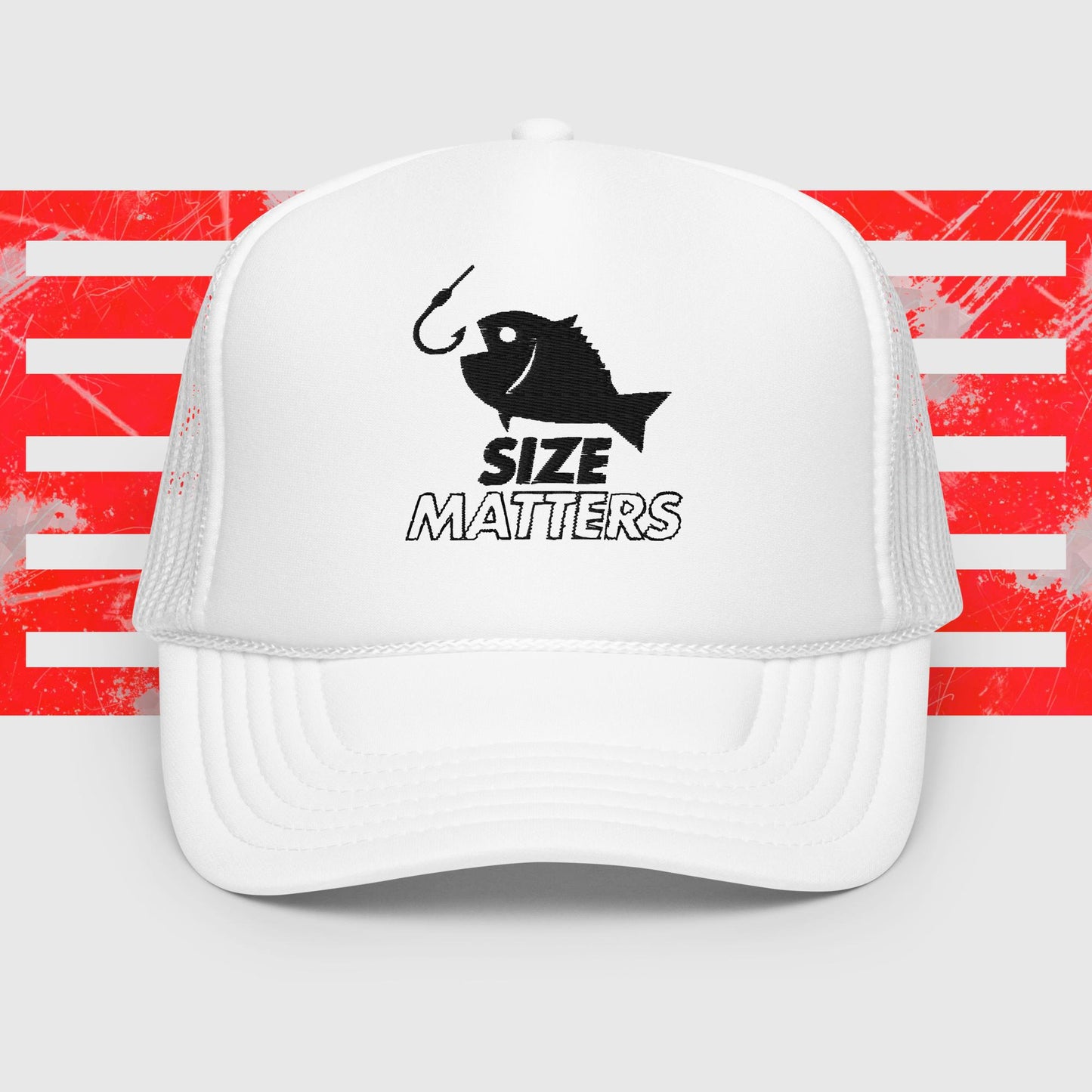 MENS FISHING TRUCKER HAT SIZE MATTERS FISH HOOK WHITE FRONT - https://firstamerican.shop/