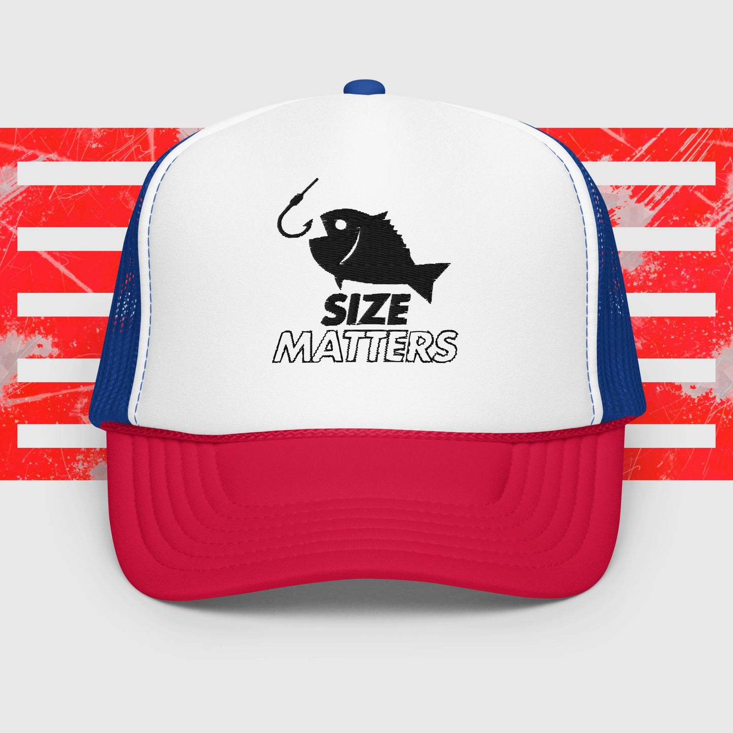 MENS FISHING TRUCKER HAT SIZE MATTERS FISH HOOK WHITE ROYAL BLUE RED FRONT - https://firstamerican.shop/