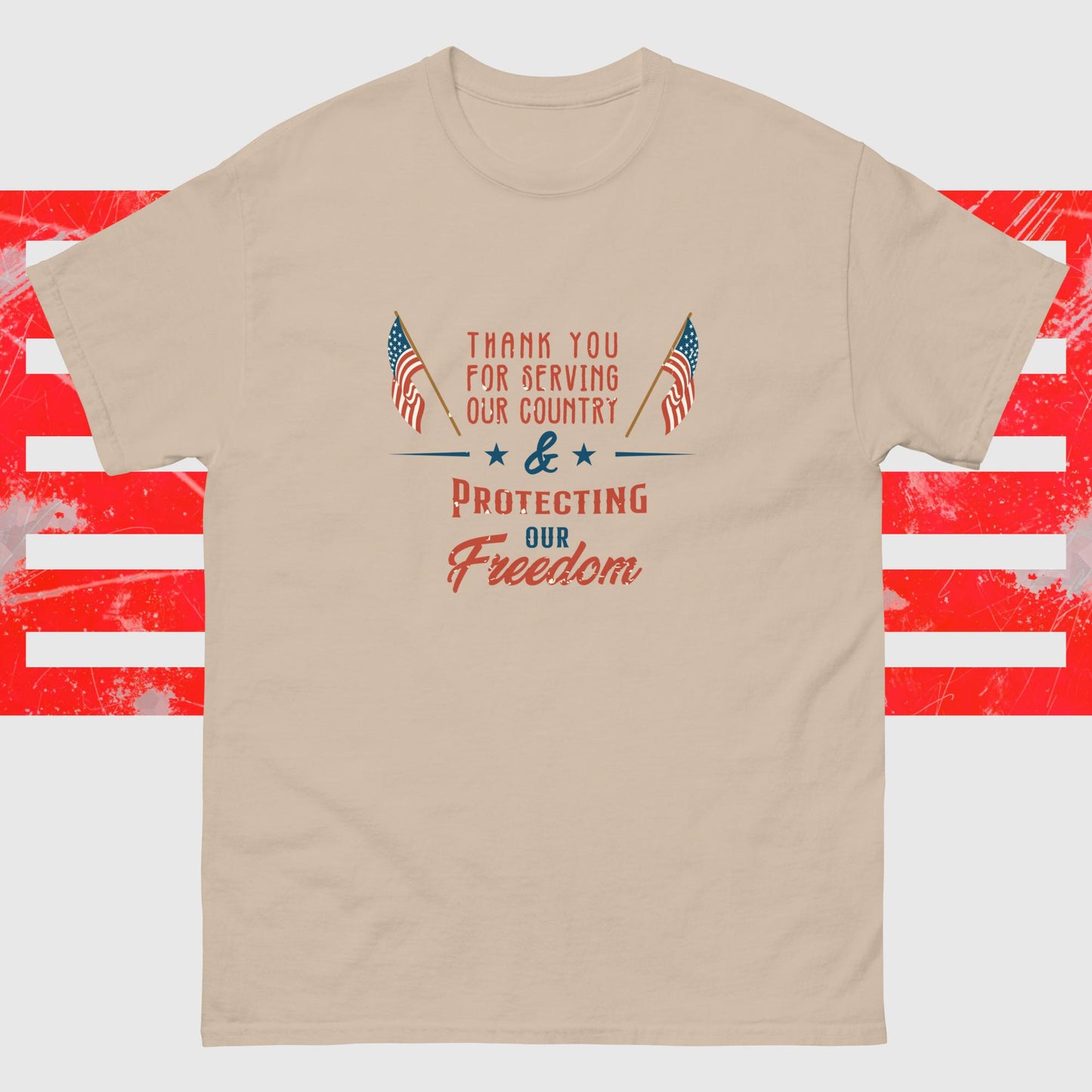 PATRIOTIC TEE FOR VETERANS DAY PROTECTING FREEDOM SAND FRONT - www.firstamericanstore.com