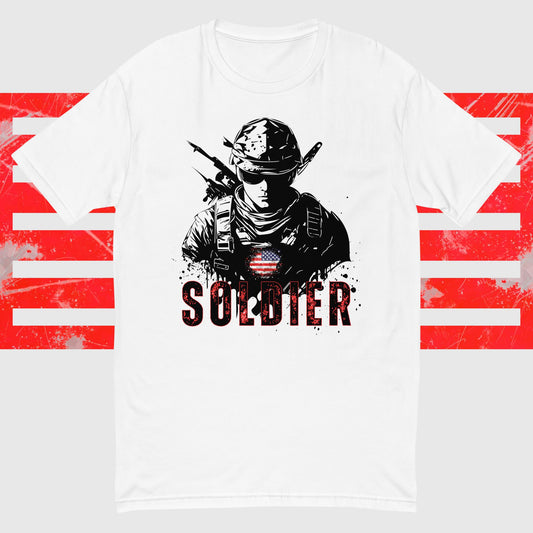 PATRIOTIC T-SHIRT FOR VETERANS DAY MODERN AMERICAN SOLDIER WITH AMERICAN FLAG WHITE FRONT - www.firstamericanstore.com
