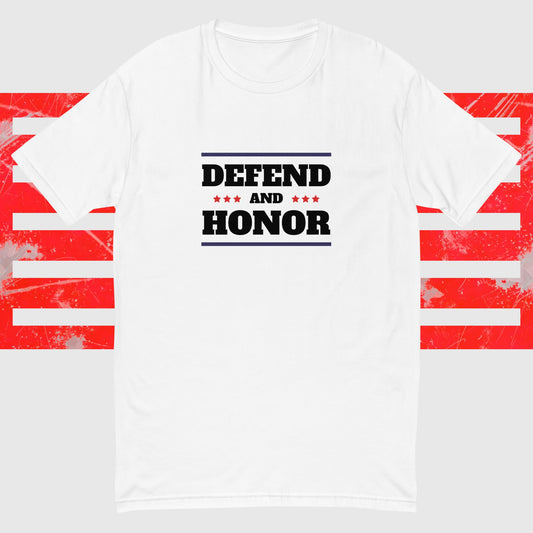 PATRIOTIC T-SHIRT FOR VETERANS DAY DEFEND & HONOR FOR PROUD AMERICAN WHITE FRONT - www.firstamericanstore.com