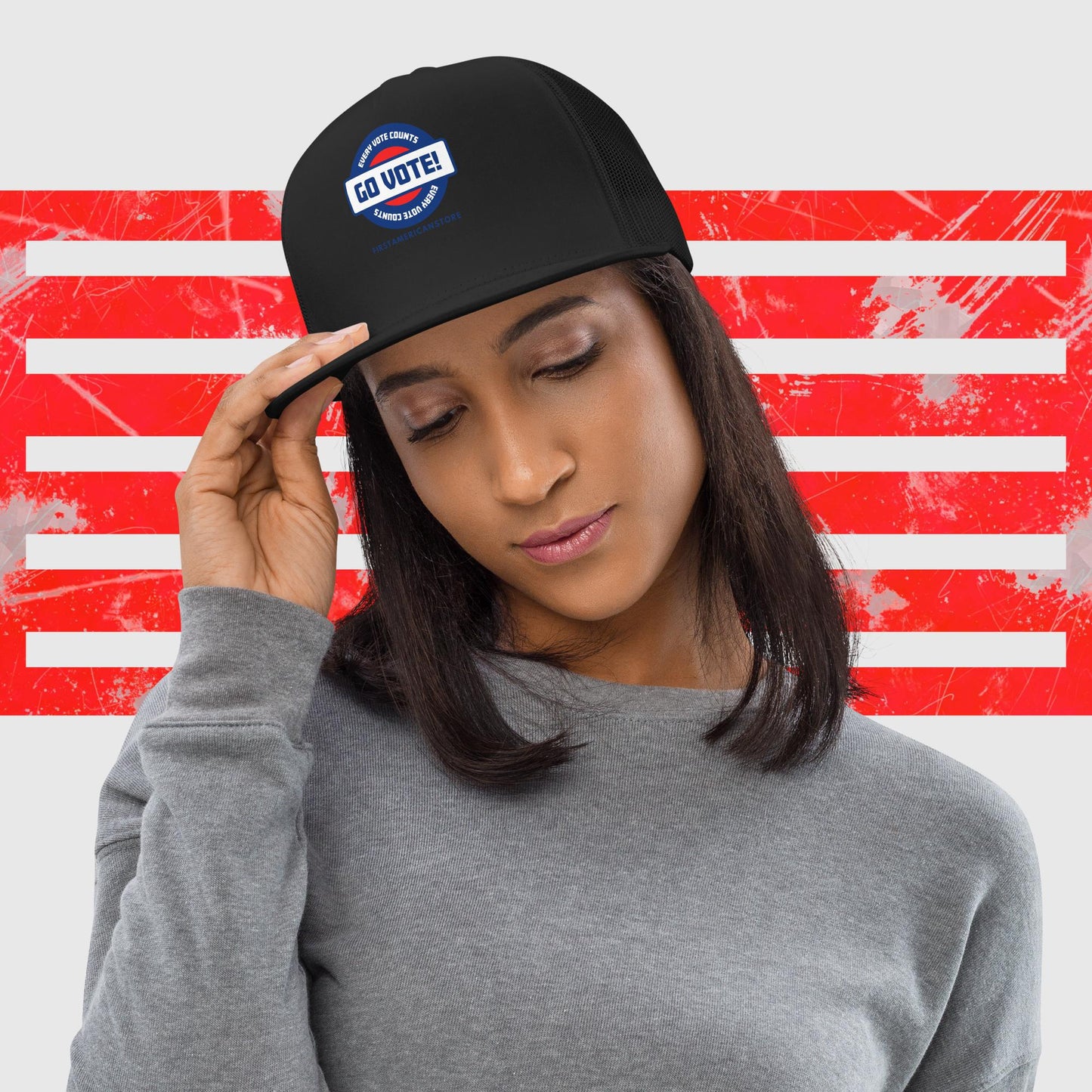 PATRIOTIC US ELECTION TRUCKER HAT GO VOTE BLACK FRONT - https://firstamerican.shop/