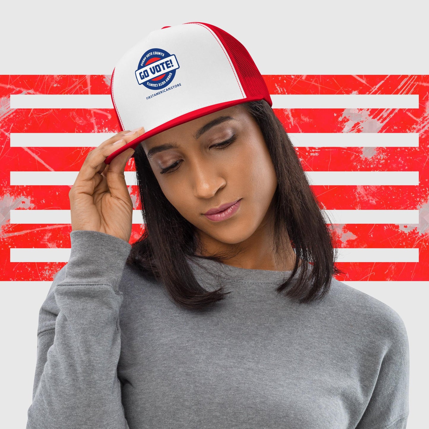 PATRIOTIC US ELECTION TRUCKER HAT GO VOTE WHITE AND RED FRONT - https://firstamerican.shop/