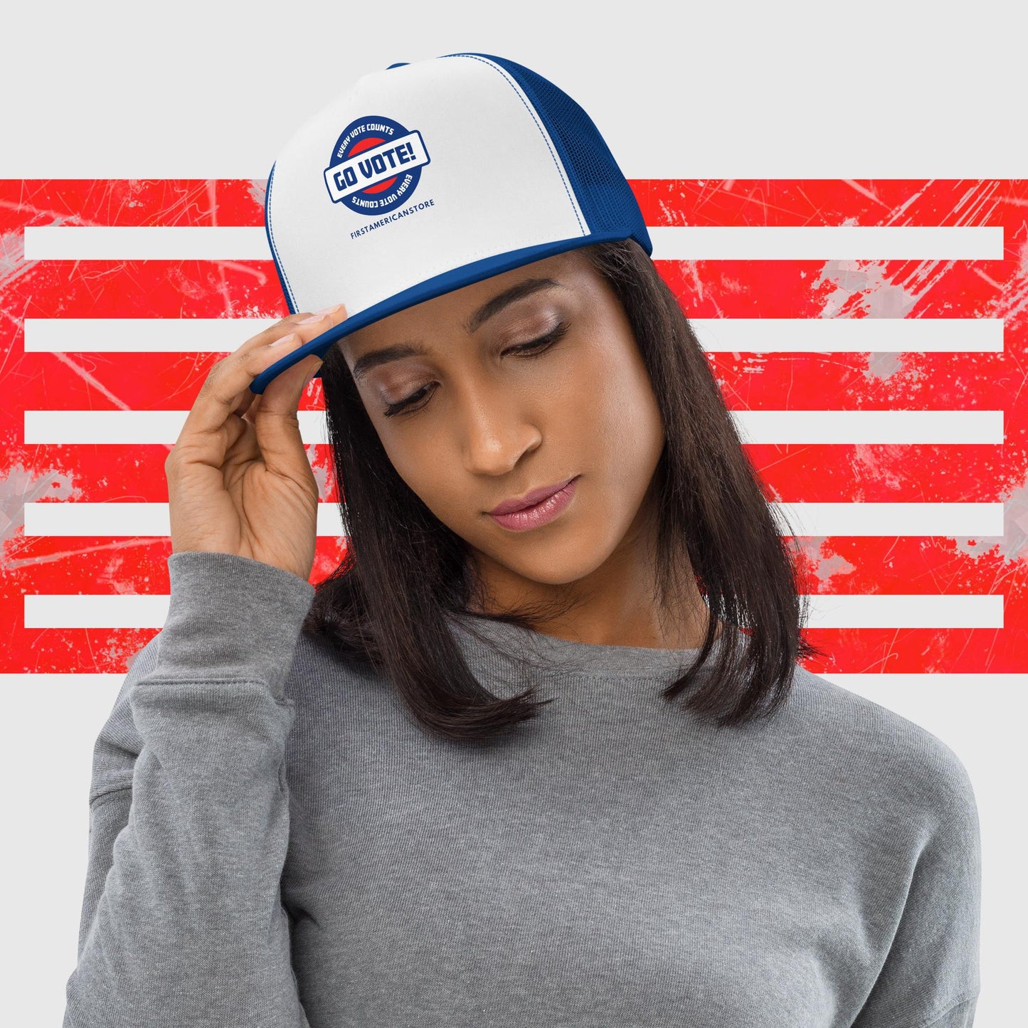 PATRIOTIC US ELECTION TRUCKER HAT GO VOTE WHITE ANDBLUE FRONT - https://firstamerican.shop/