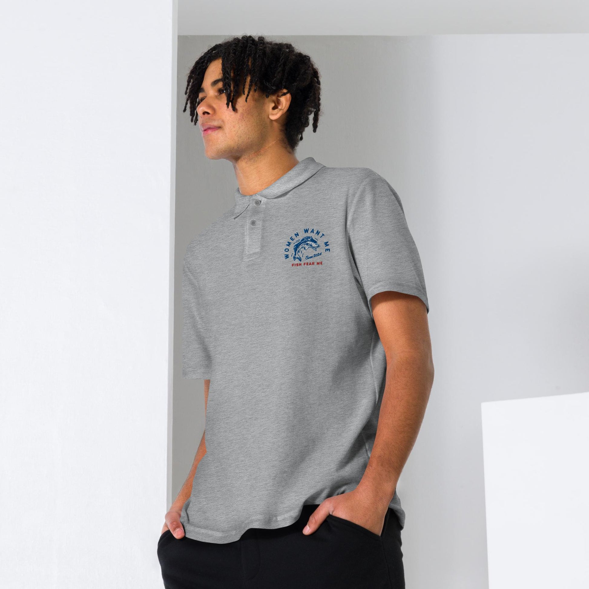 MENS POLO SHIRT AMERICAN FISHERMAN WOMEN WANT ME FISH FEAR ME GREY FRONT - https://firstamerican.shop/