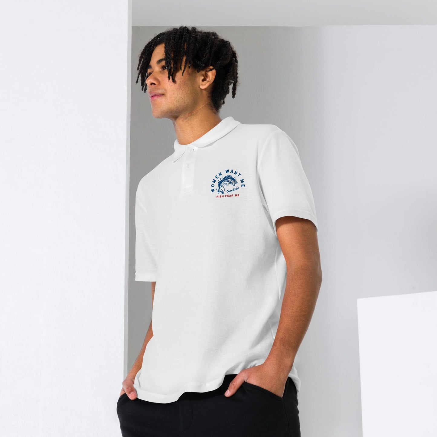 MENS POLO SHIRT AMERICAN FISHERMAN WOMEN WANT ME FISH FEAR ME WHITE FRONT - https://firstamerican.shop/