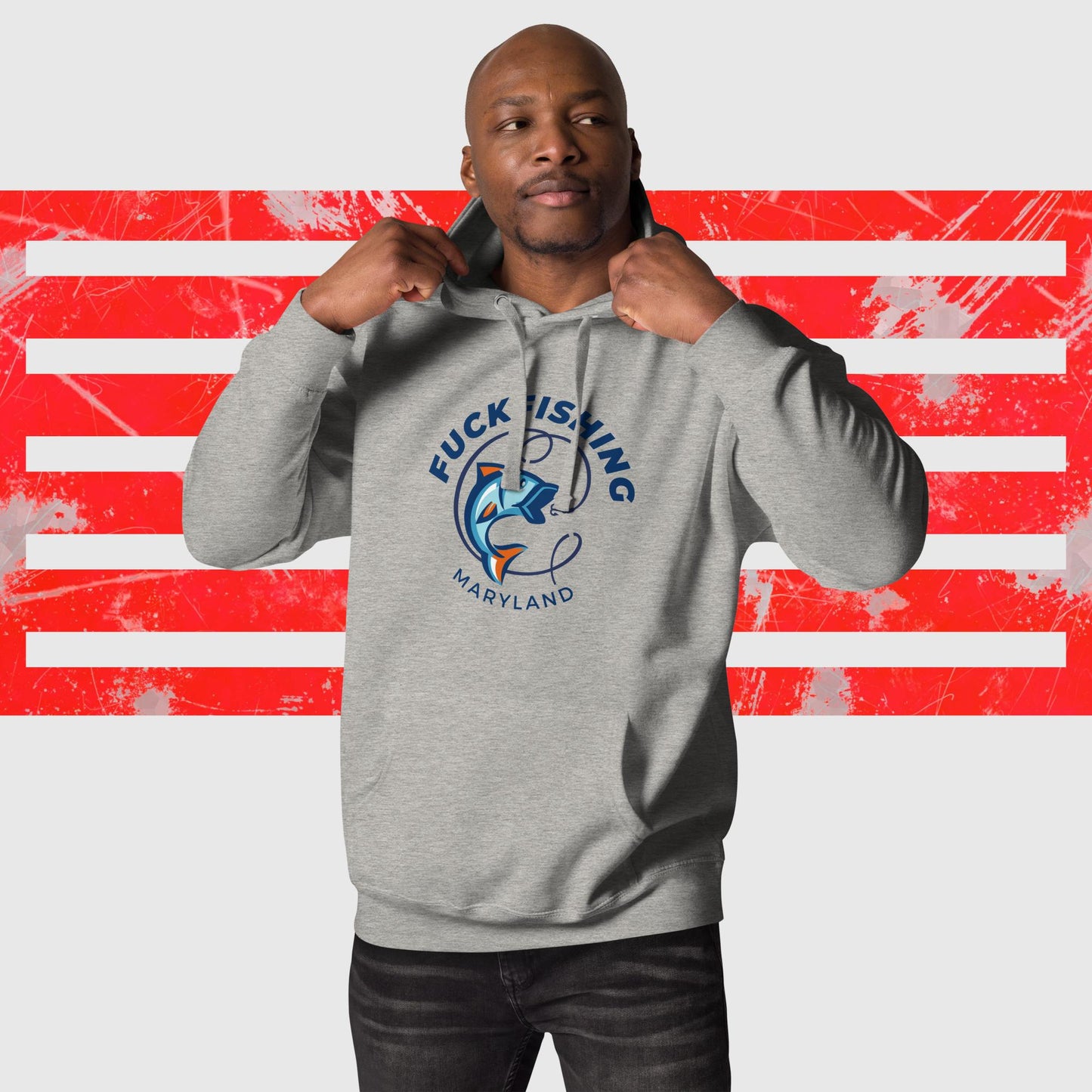 HOODIE AMERICAN FISHERMAN FUCKFISHING MARYLAND GREY FRONT - https://firstamerican.shop/