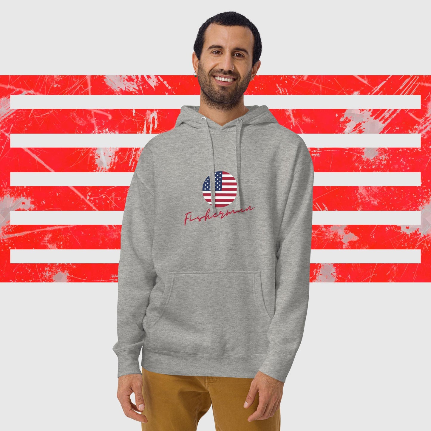 HOODIE AMERICAN FISHERMAN WITH AMERICAN FLAG CARBOMN GREY FRONT - https://firstamerican.shop/