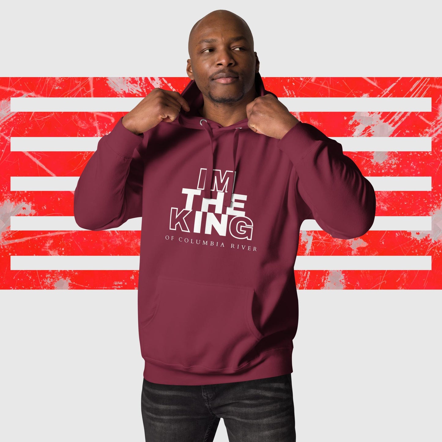 HOODIE AMERICAN FISHERMAN THE KING OF COLUMBIA RIVER MAROON FRONT - https://firstamerican.shop/