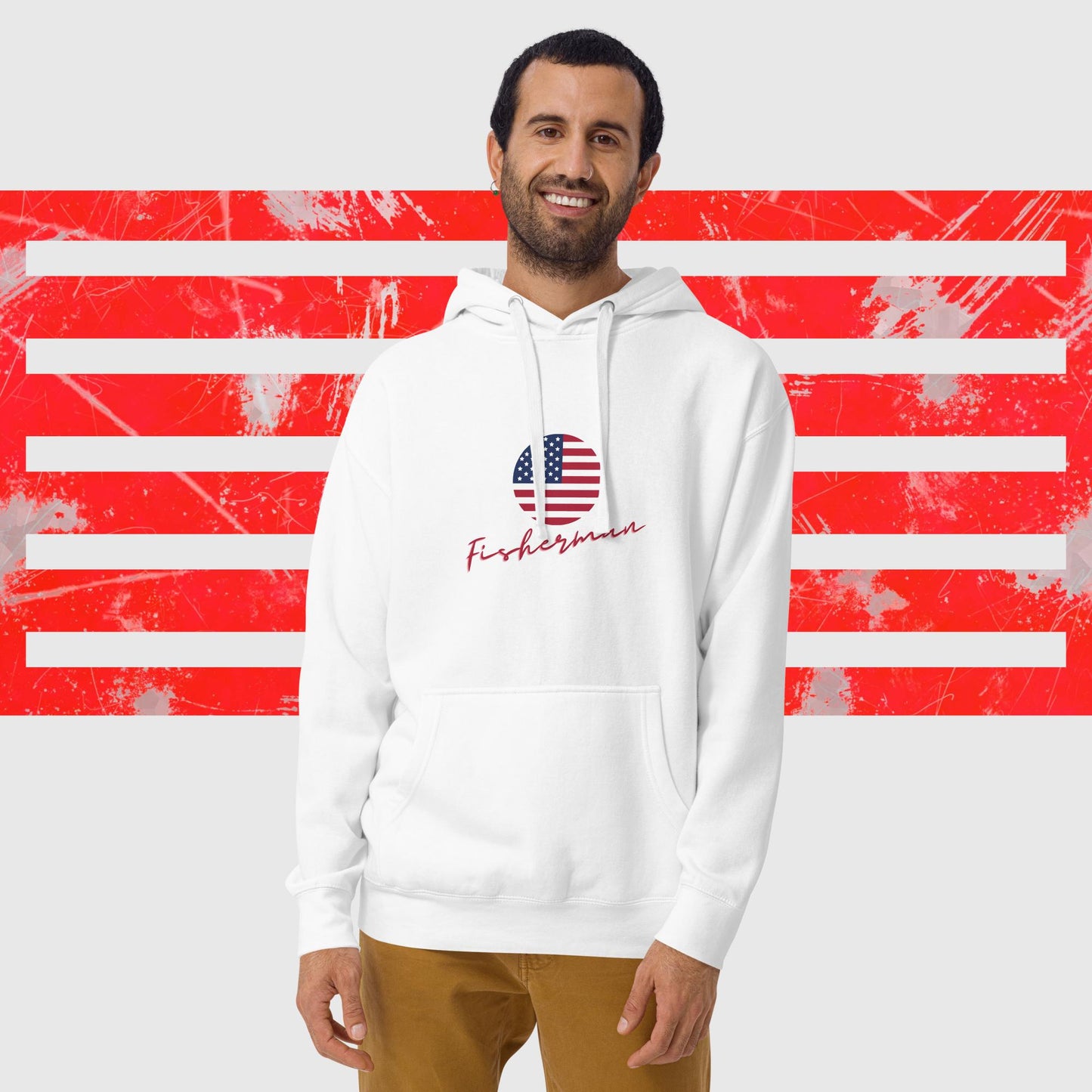 HOODIE AMERICAN FISHERMAN WITH AMERICAN FLAG WHITE FRONT - https://firstamerican.shop/