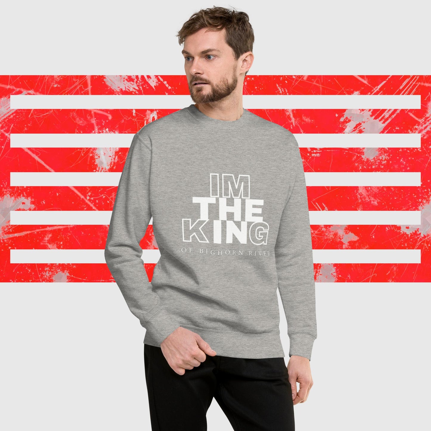 PREMIUM SWEATSHIRT AMERICAN FISHERMAN THE KING OF BIGHORN RIVER GREY FRONT - https://firstamerican.shop/