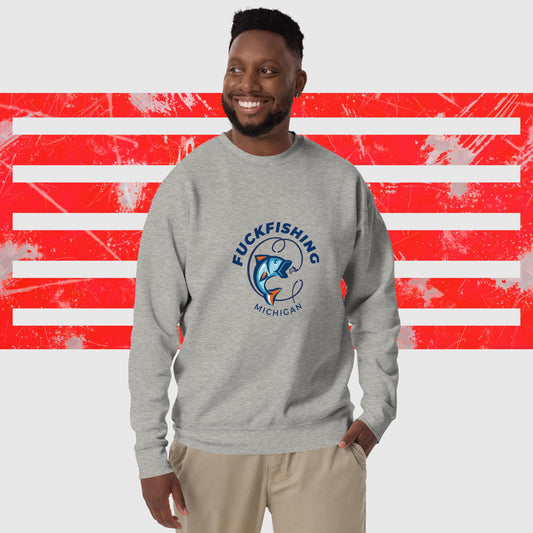 PREMIUM SWEATSHIRT AMERICAN FISHERMAN FUCKFISHING MICHIGAN GREY FRONT - https://firstamerican.shop/