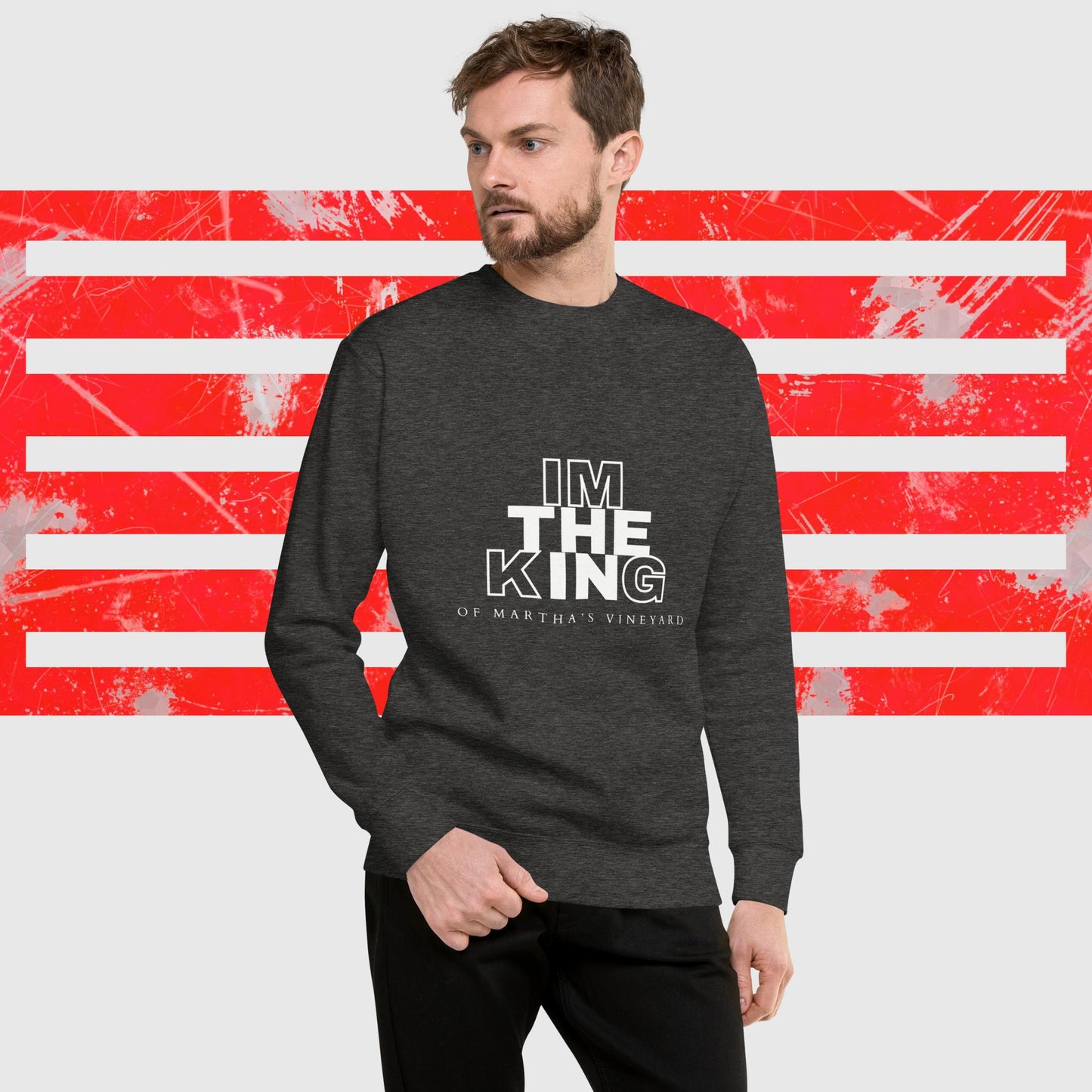 PREMIUM SWEATSHIRT AMERICAN FISHERMAN THE KING OF MARTHA'S VINEYARD CHARACOAL FRONT - https://firstamerican.shop/