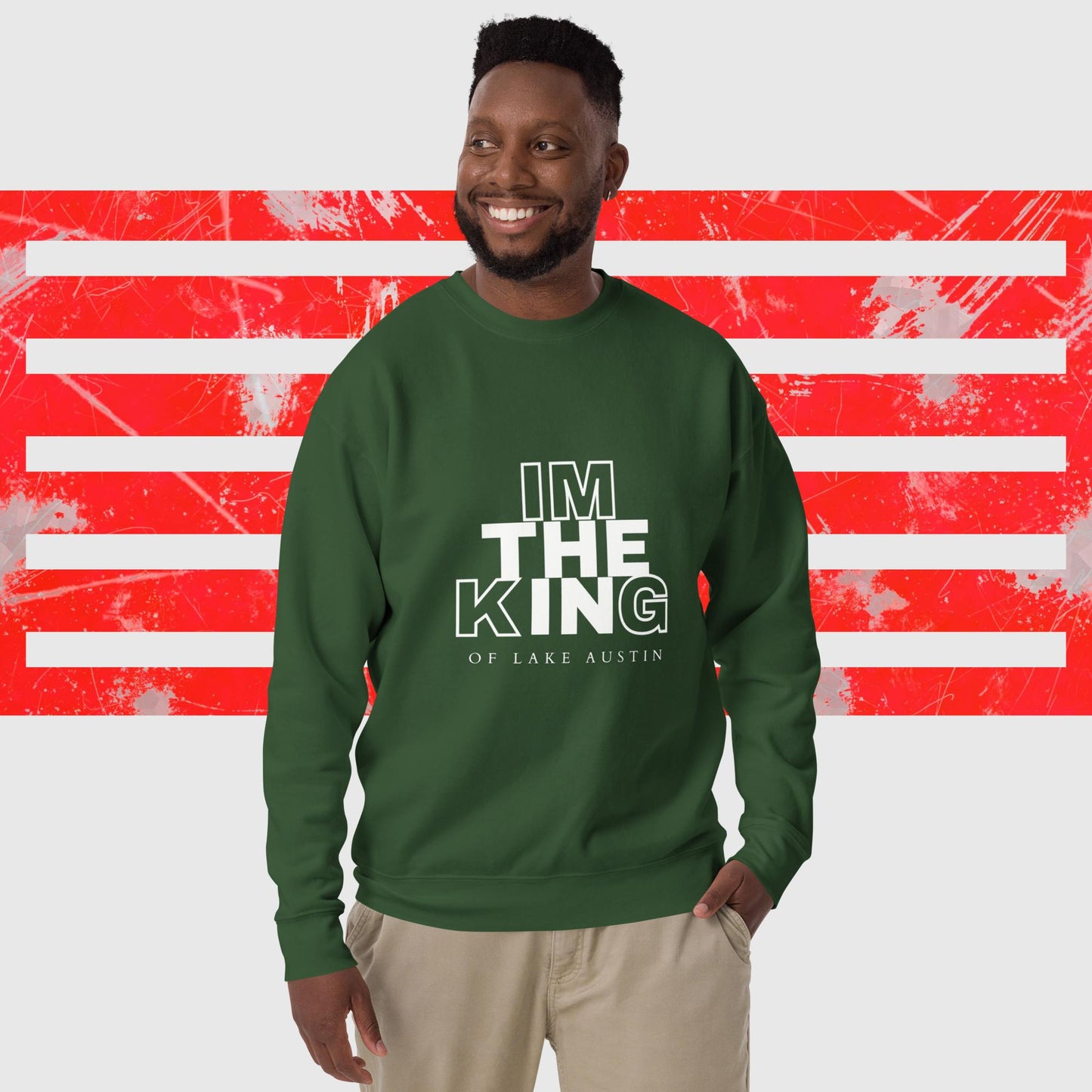 PREMIUM SWEATSHIRT AMERICAN FISHERMAN THE KING OF LAKE AUSTIN - FOREST GREEN FRONT- https://firstamerican.shop/