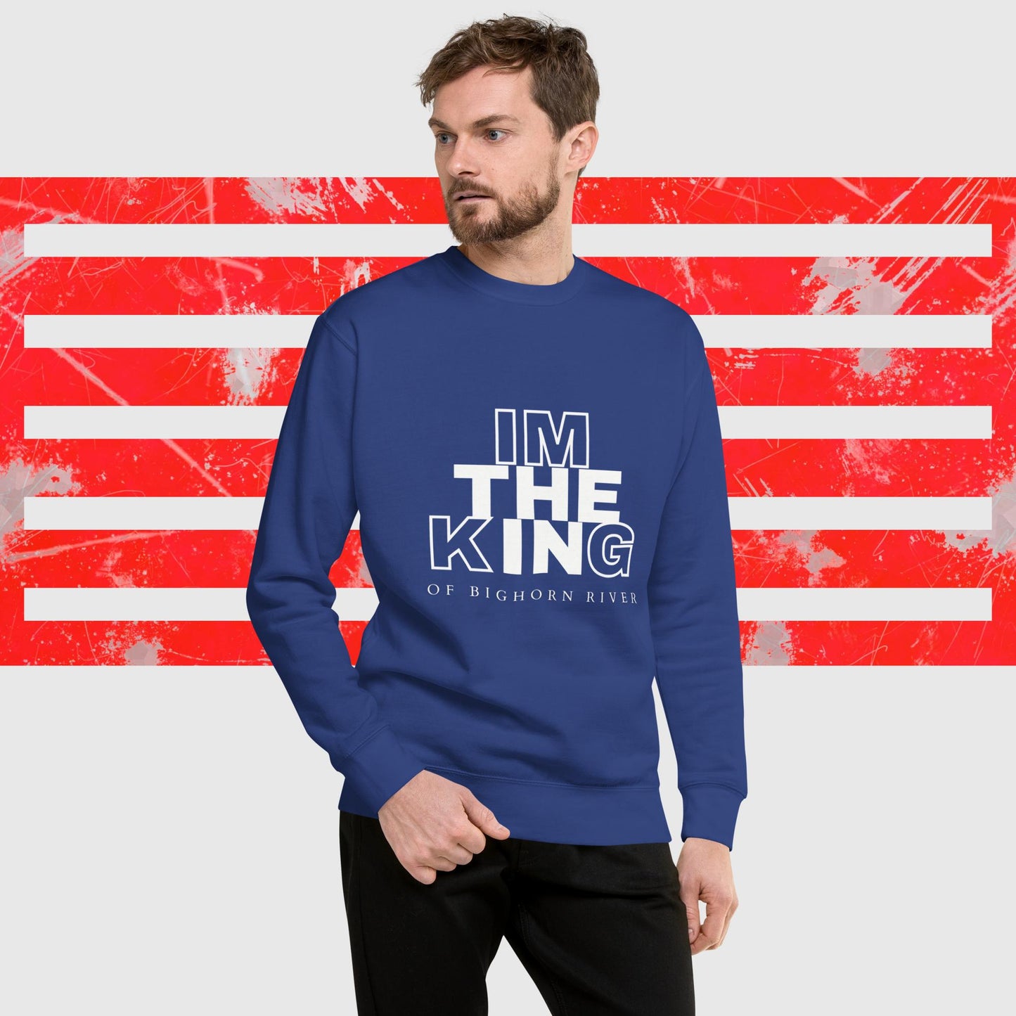 PREMIUM SWEATSHIRT AMERICAN FISHERMAN THE KING OF BIGHORN RIVER BLUE FRONT - https://firstamerican.shop/