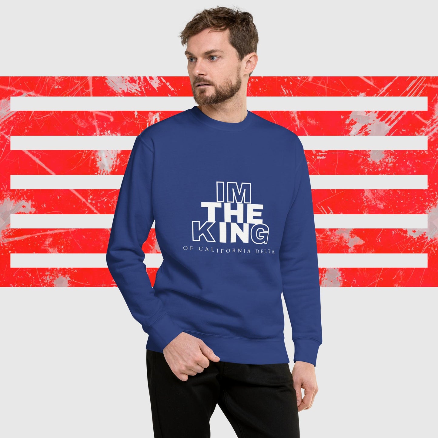 PREMIUM SWEATSHIRT AMERICAN FISHERMAN THE KING OF CALIFORNIA DELTA BLUE FRONT - https://firstamerican.shop/